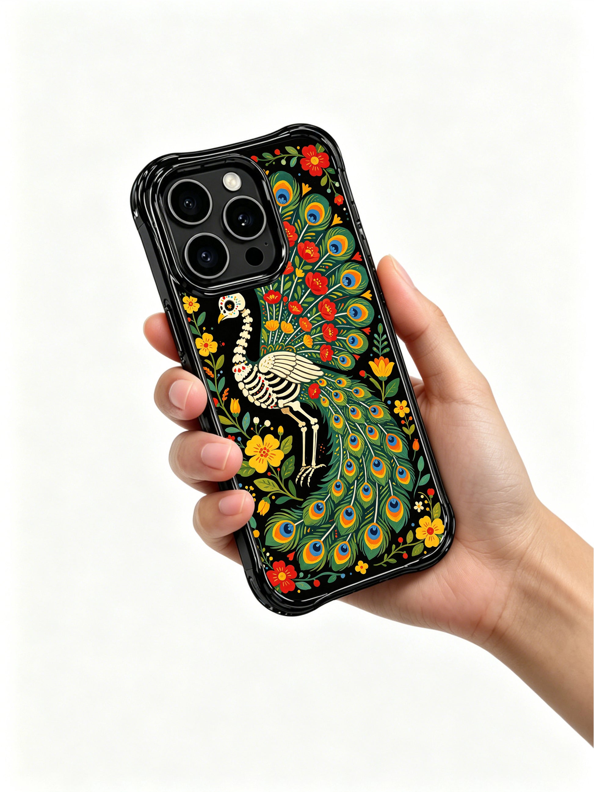 Gothic folk art skeleton peacock with flowers on PhoneCasing iPhone 16 pro max case, vibrant design with hearts and floral motifs.