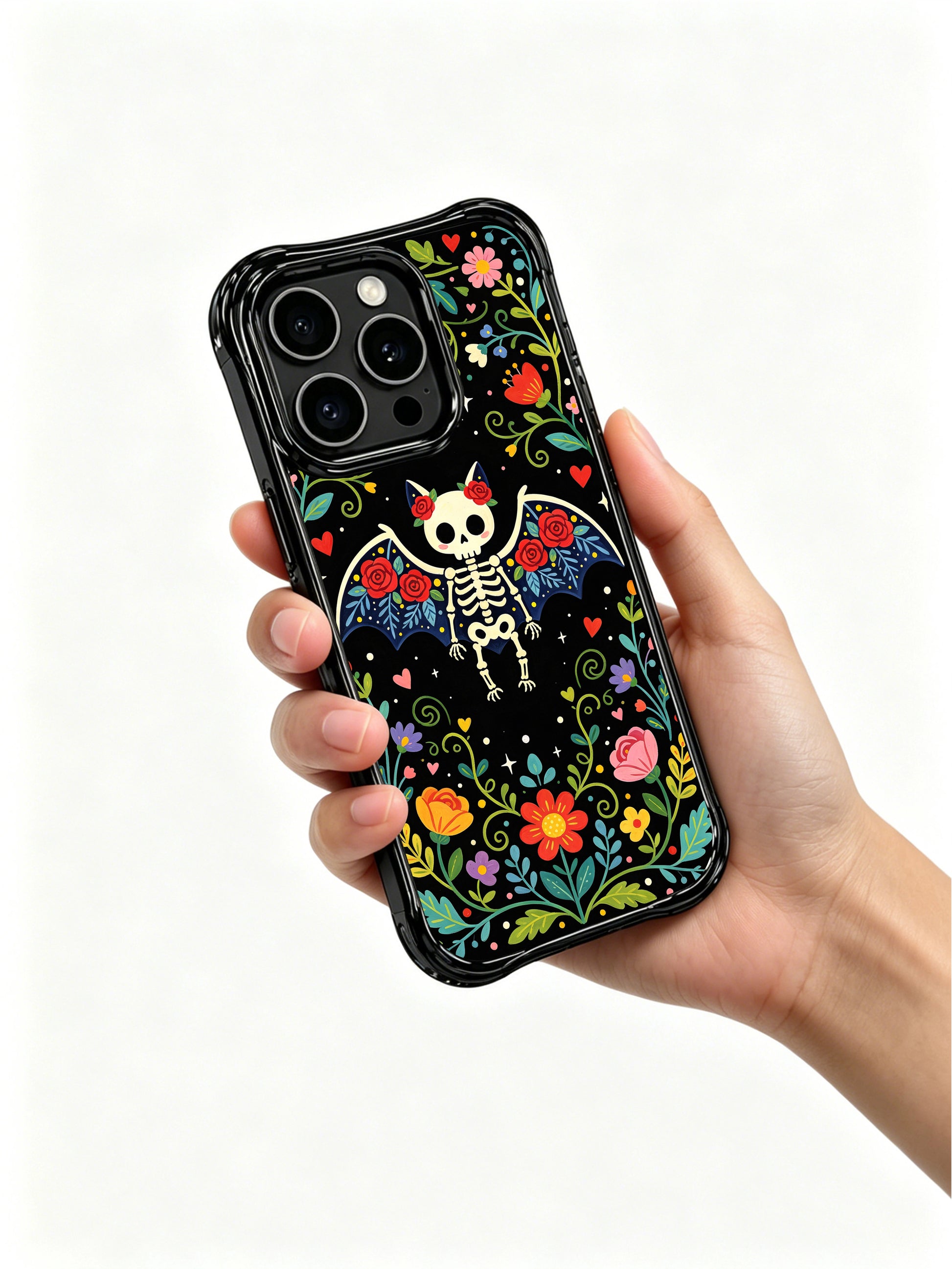 Gothic folk art skeleton bat design on PhoneCasing iPhone 16 pro max case, featuring a bat with roses and vibrant floral patterns.