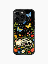 Gothic folk art skeleton cat design on PhoneCasing iPhone 16 pro max case, featuring a sleeping cat with bone butterflies and vibrant floral patterns.