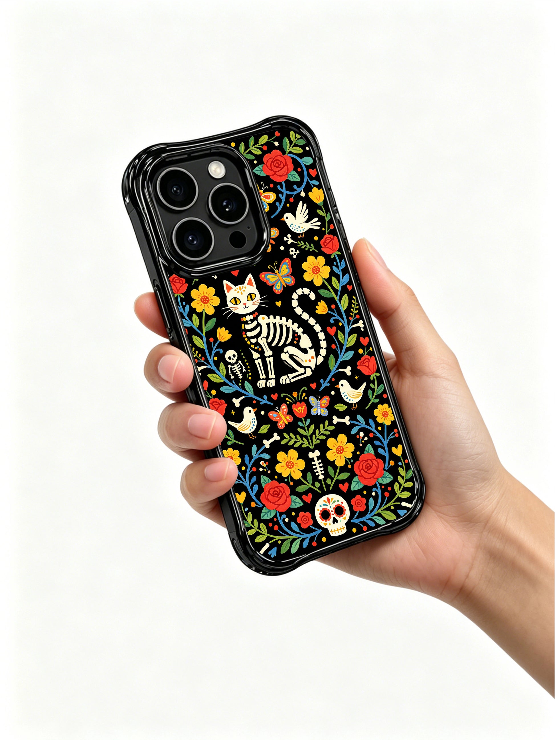 Gothic folk art skeleton cat on this PhoneCasing iPhone 16 pro max case, featuring sugar skull details and vibrant floral patterns.