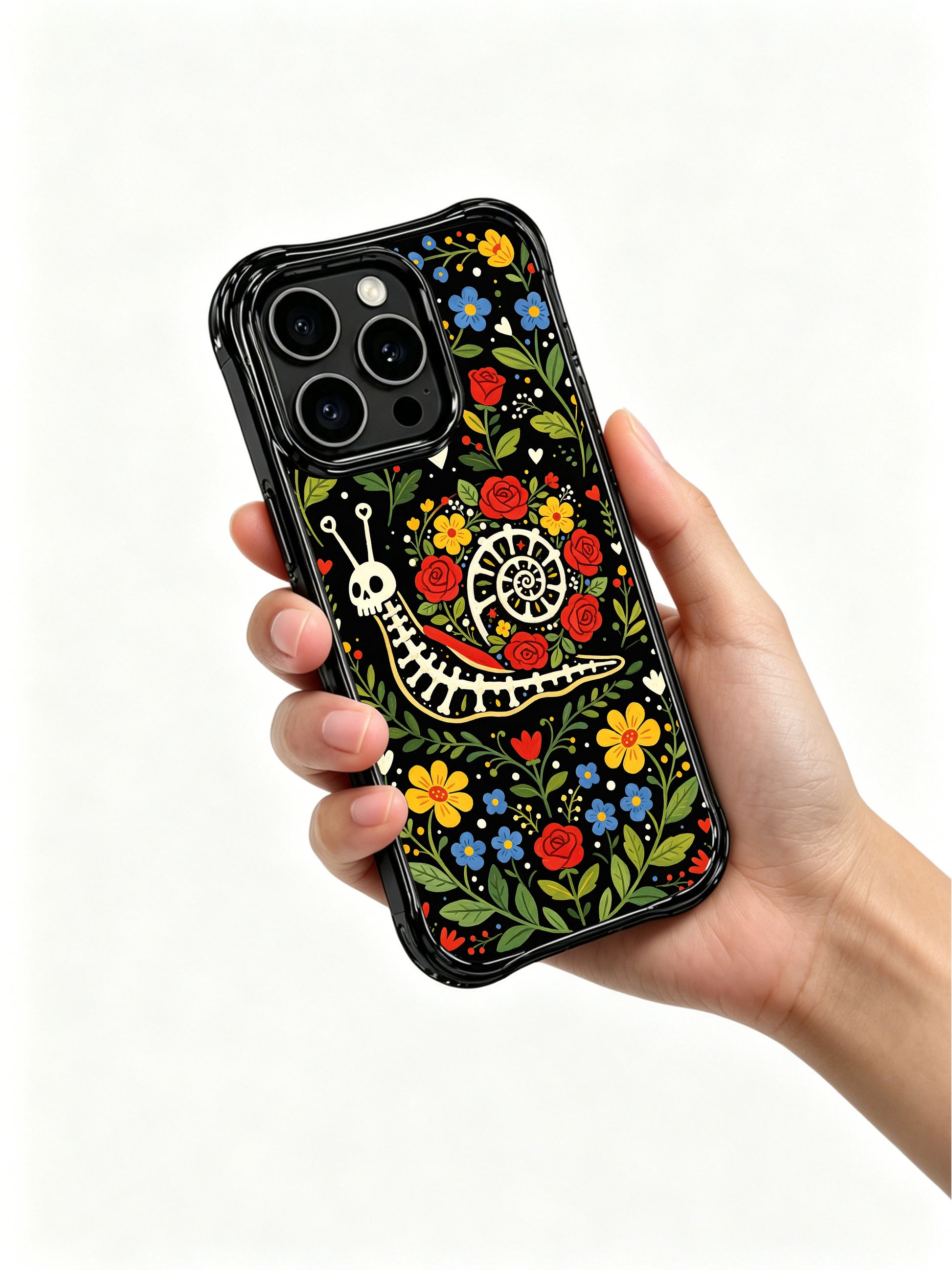 Gothic folk art skeleton snail with flowers on PhoneCasing iPhone 16 pro max case, vibrant design with hearts and floral motifs.