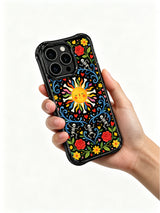 Gothic folk art sun with bones and skeletons on PhoneCasing iPhone 16 pro max case, vibrant design with roses and hearts.