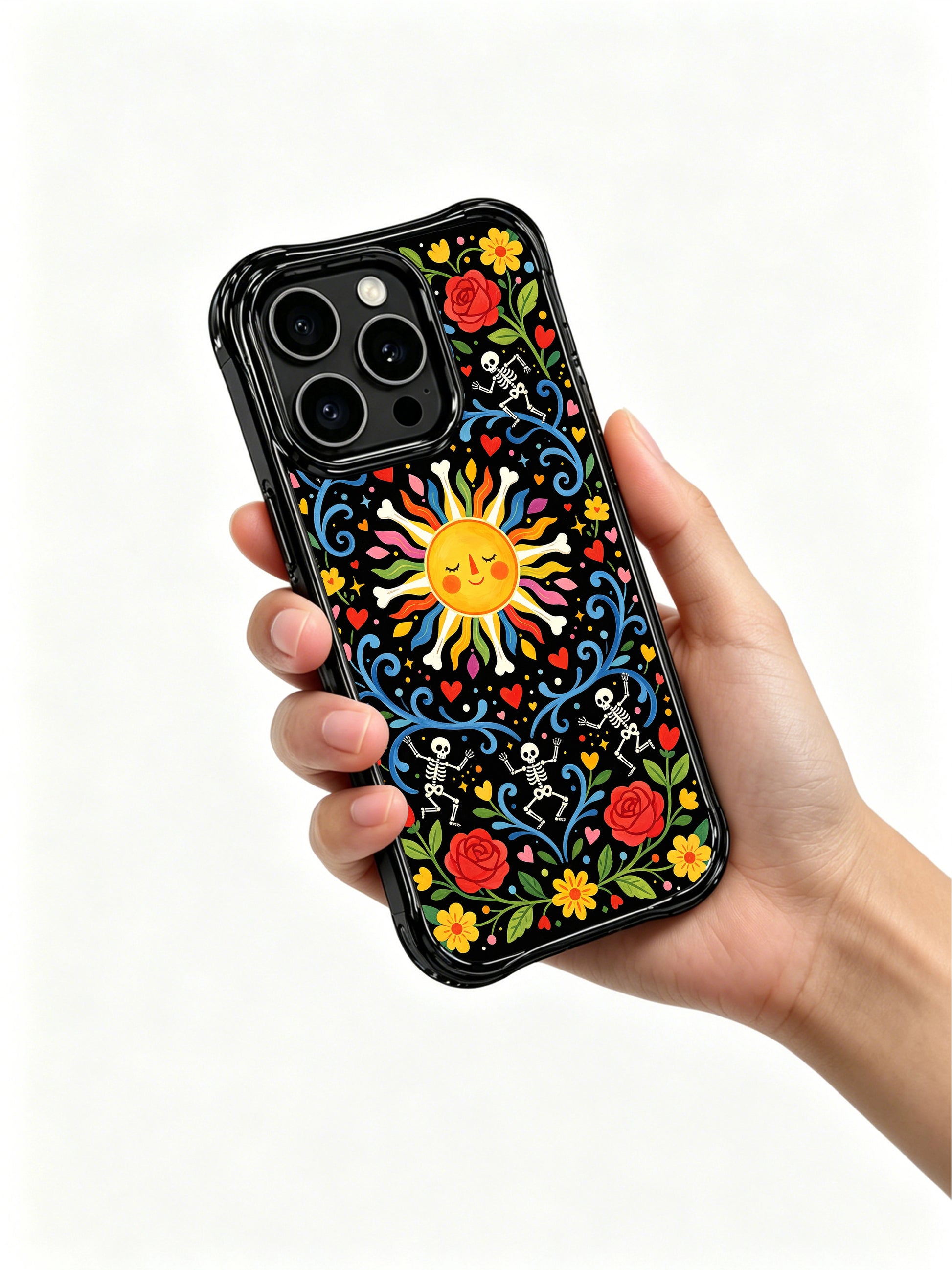 Gothic folk art sun with bones and skeletons on PhoneCasing iPhone 16 pro max case, vibrant design with roses and hearts.