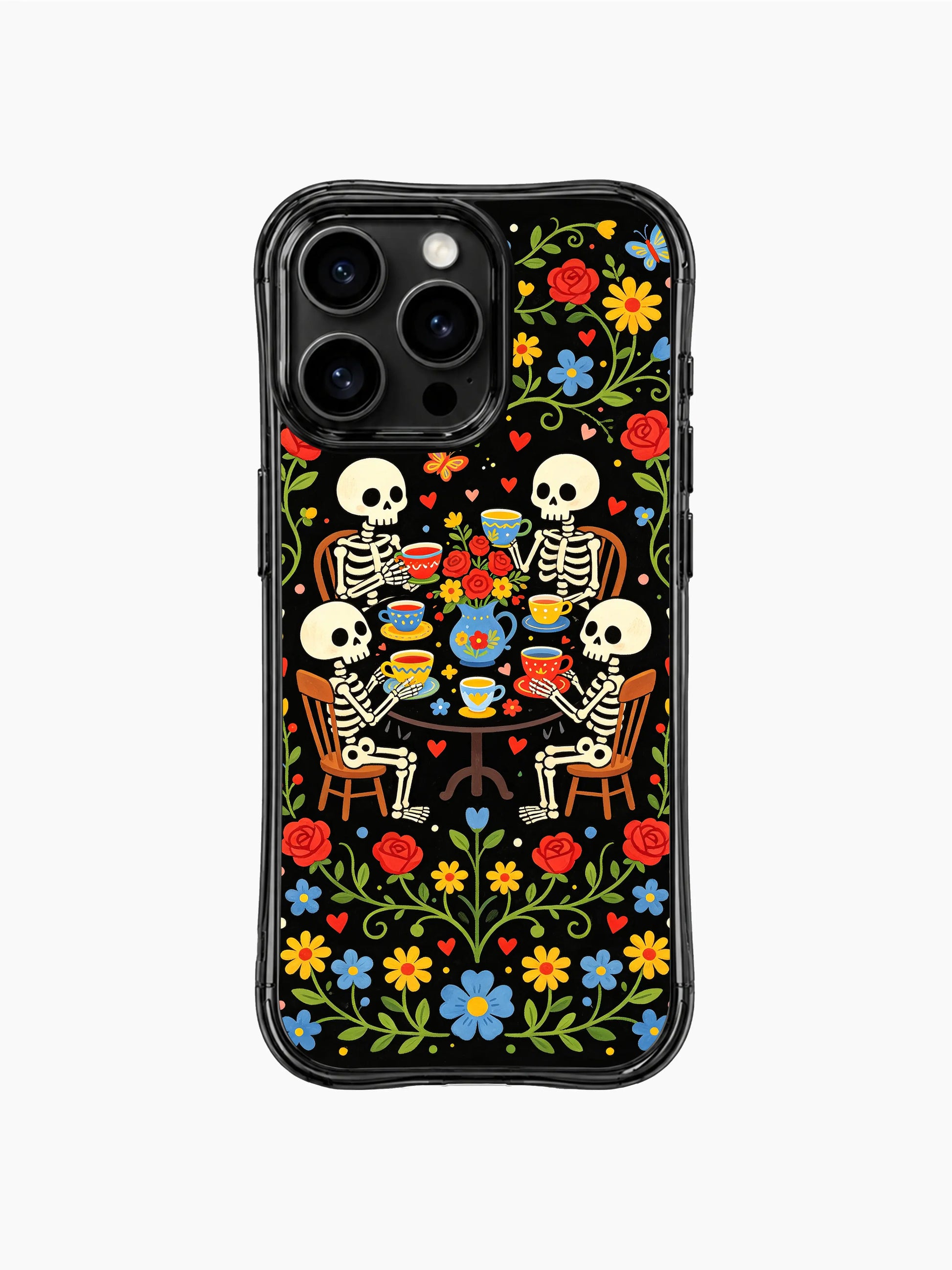 Gothic folk art skeleton tea party on PhoneCasing iPhone 16 pro max case, vibrant design with hearts, flowers and butterfly motifs.