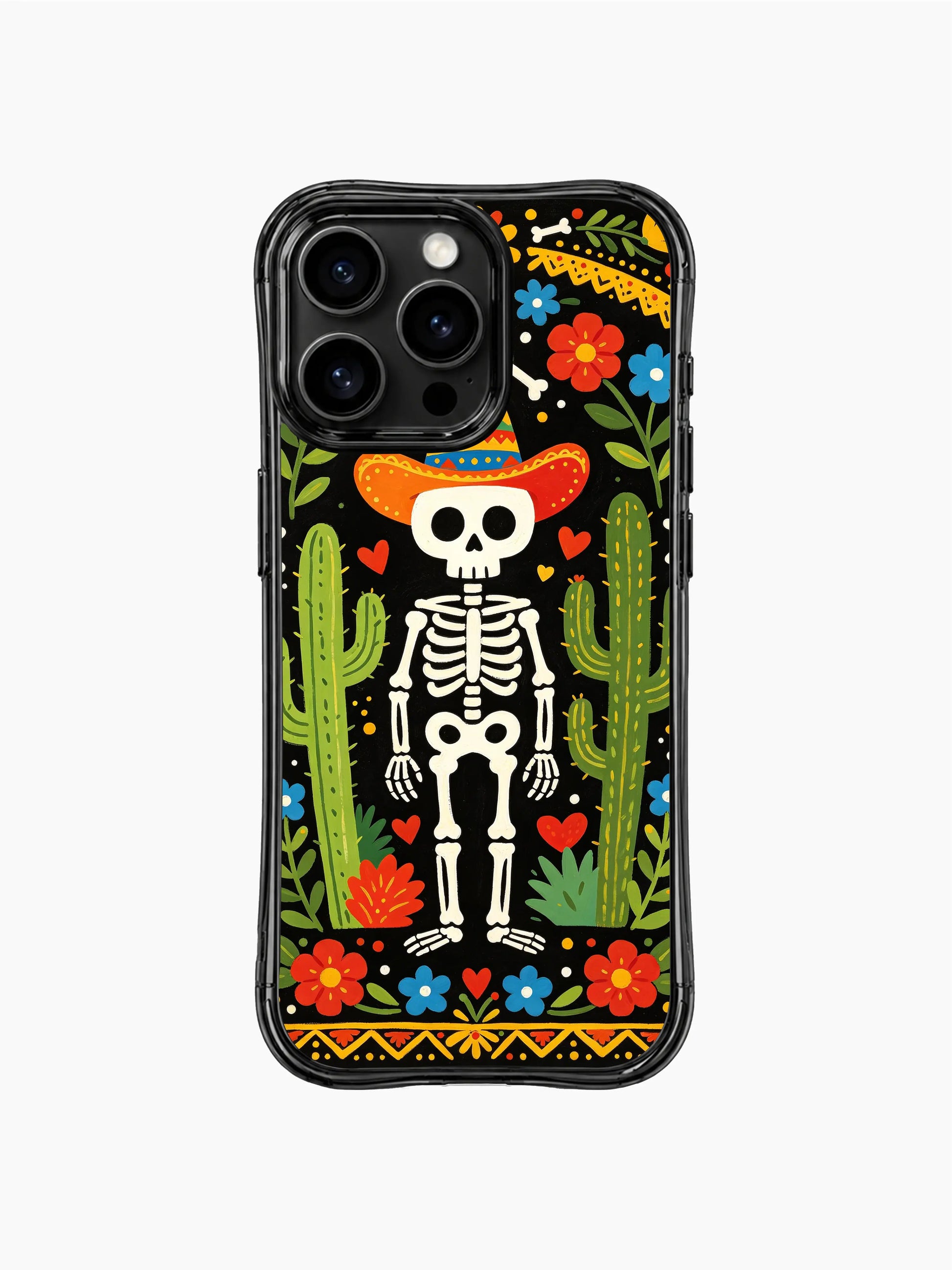 Gothic skeleton cowboy illustration on PhoneCasing iPhone 16 pro max case, folk art style with cacti, flowers, and hearts.