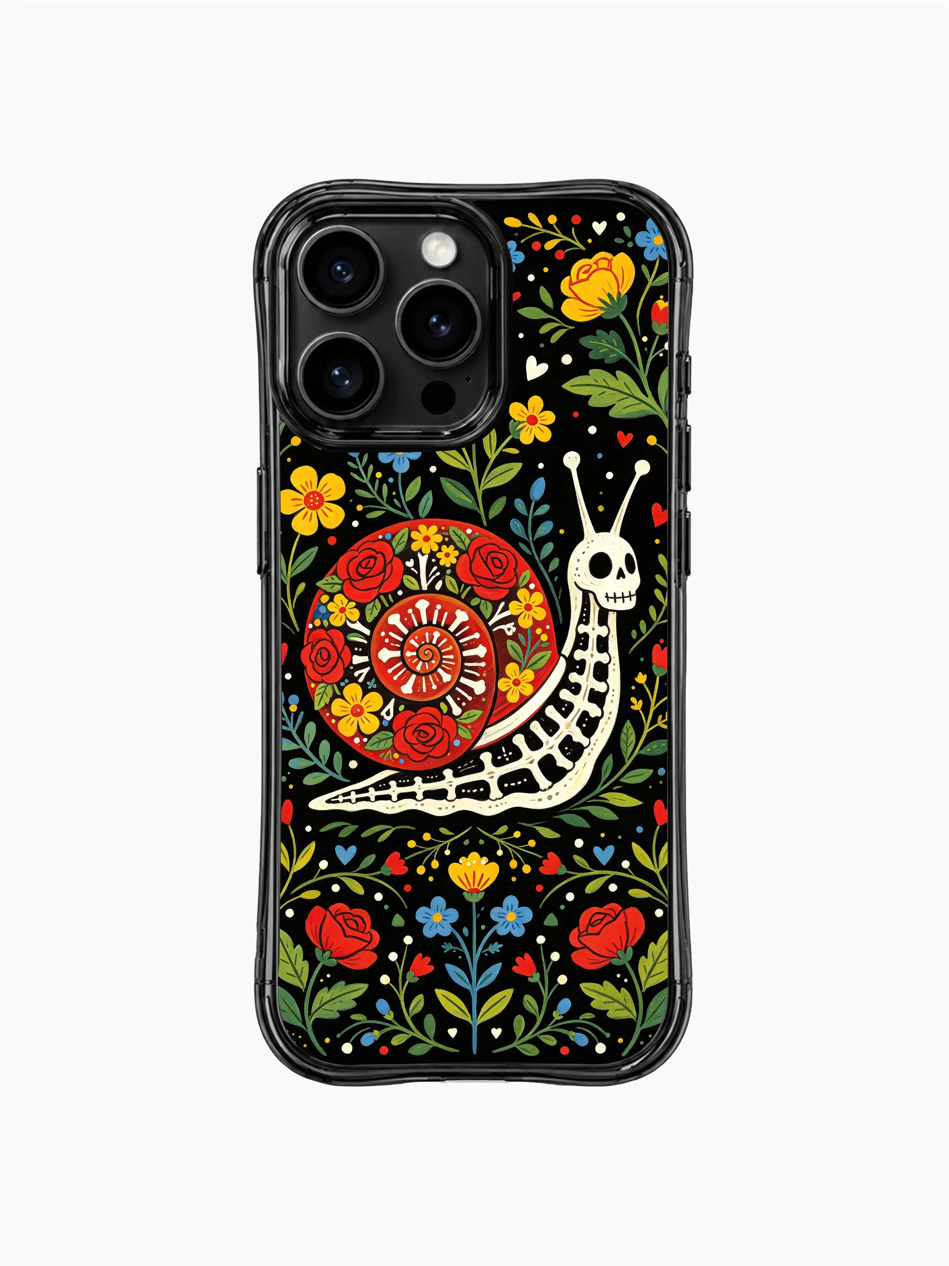 Gothic skeleton snail illustration on PhoneCasing iPhone 16 pro max case, folk art style with roses and colorful flowers.