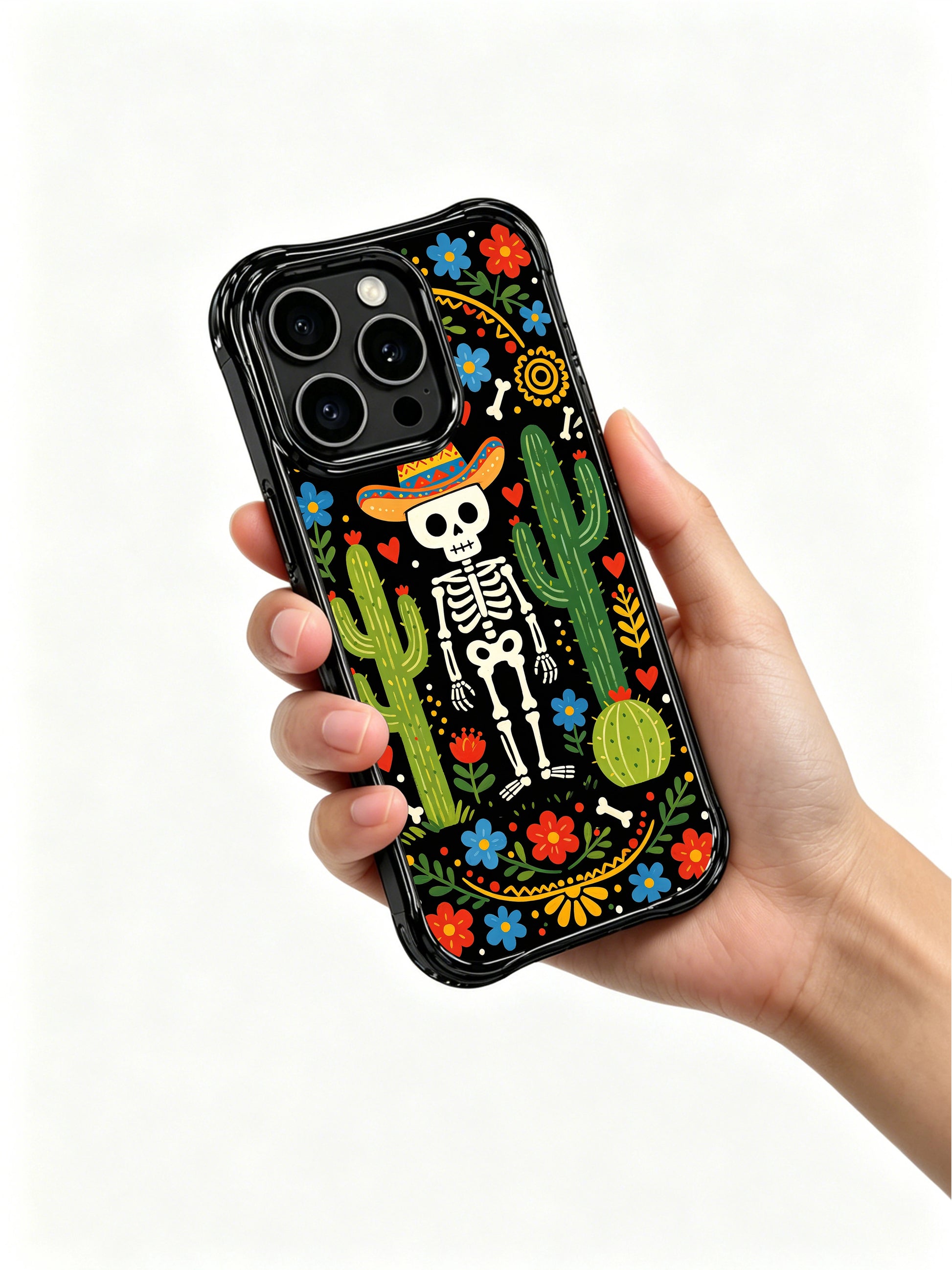 Gothic western skeleton with cacti and flowers on PhoneCasing iPhone 16 pro max case, vibrant folk art style with hearts and bones.