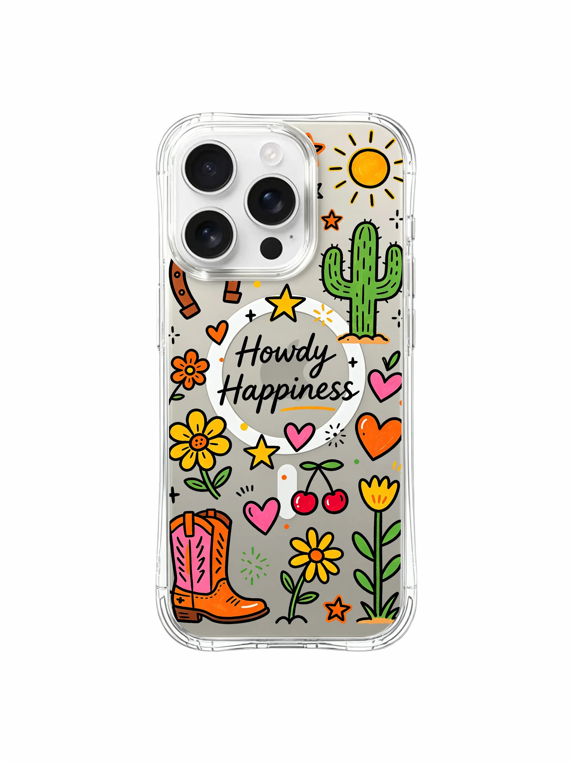 PhoneCasing iPhone 16 Pro Max drop-proof clear phone casing with hand-drawn Howdy Happiness retro cowgirl western motif doodles