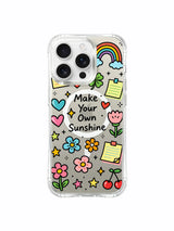 PhoneCasing iPhone 16 Pro Max drop-proof clear phone casing with hand-drawn Make Your Own Sunshine lucky rainbow and positive reminder motif doodles and neutral grey base