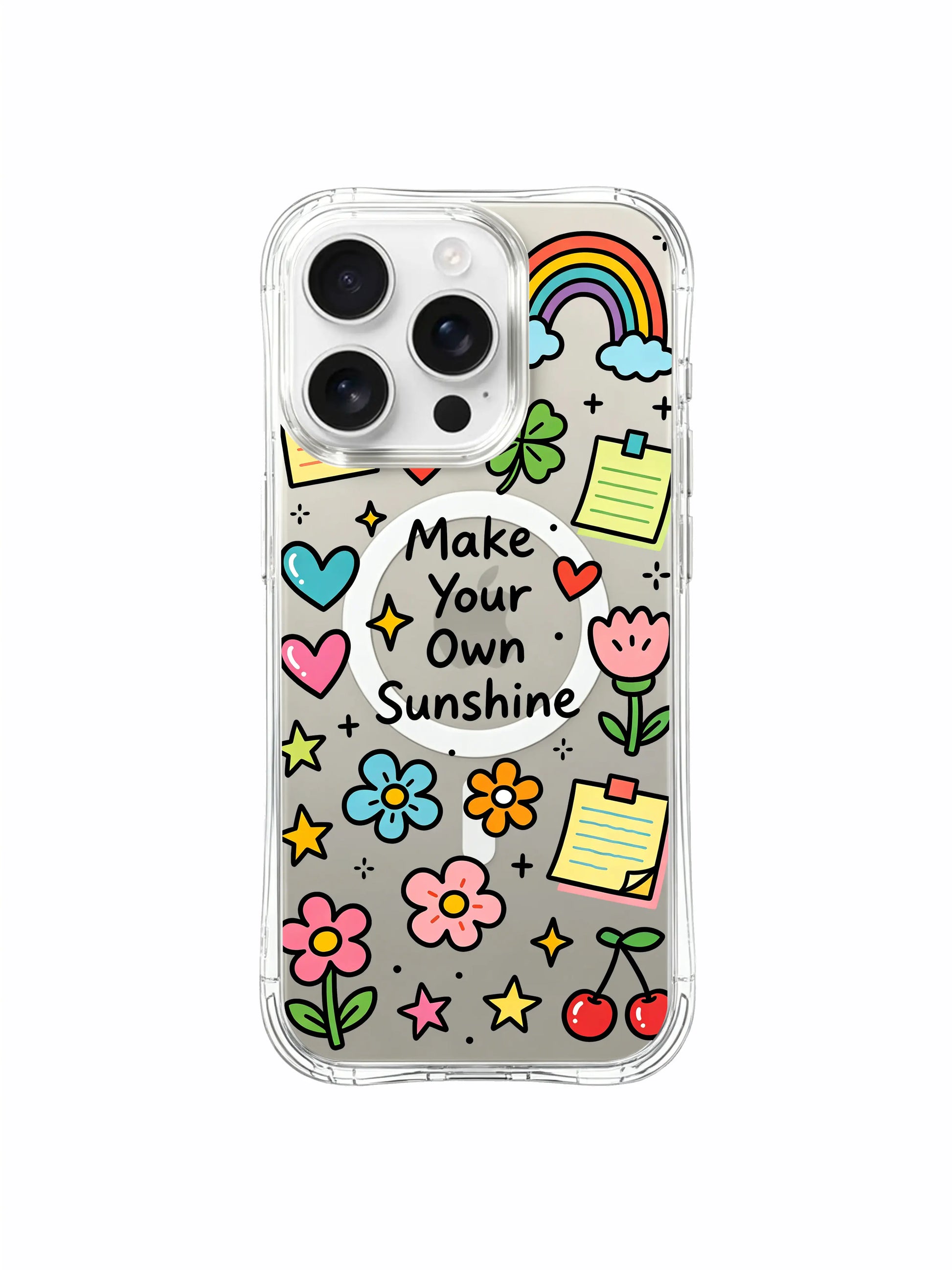 PhoneCasing iPhone 16 Pro Max drop-proof clear phone casing with hand-drawn Make Your Own Sunshine lucky rainbow and positive reminder motif doodles and neutral grey base