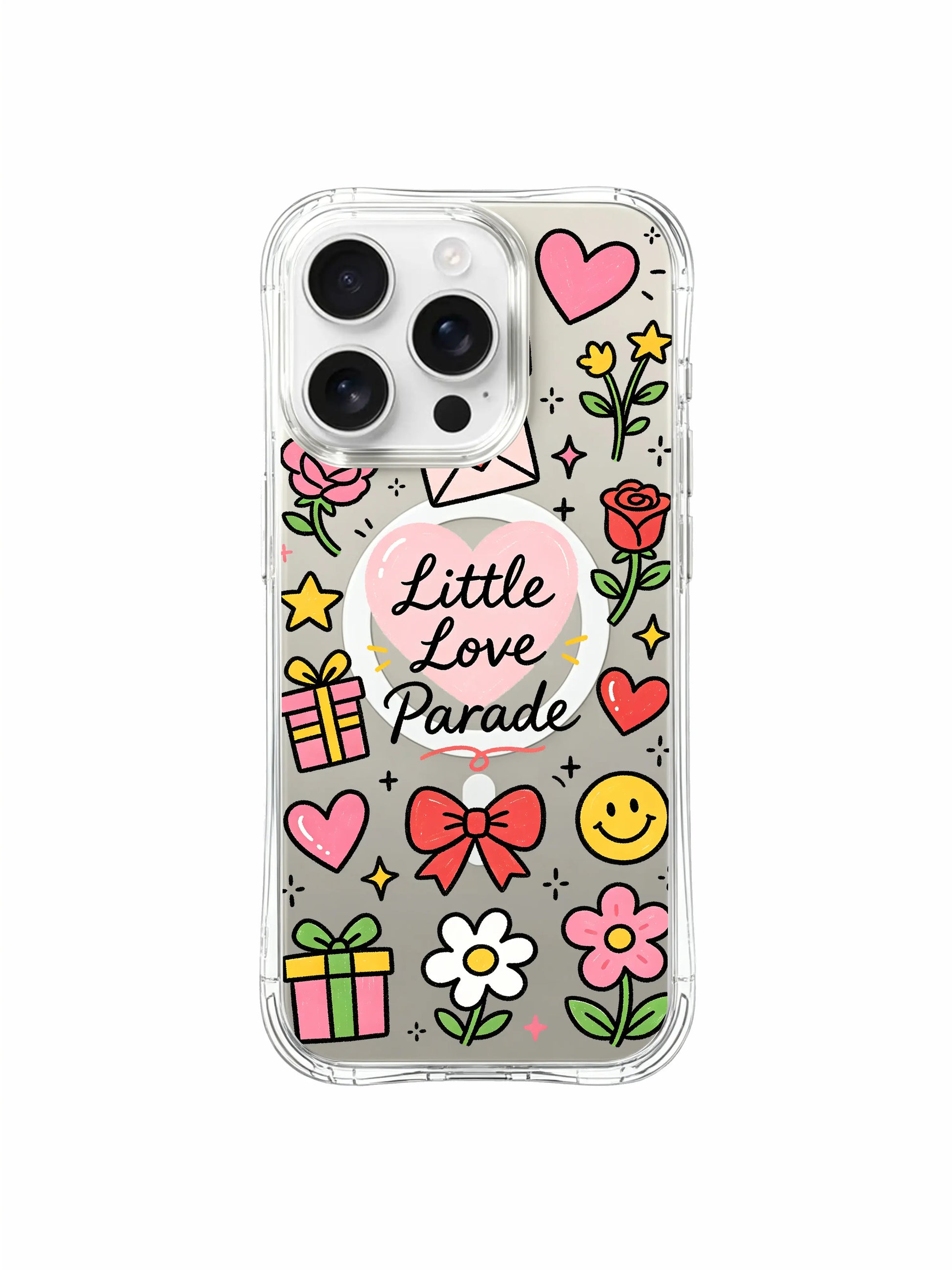 PhoneCasing iPhone 16 Pro Max drop-proof clear phone casing with hand-drawn Little Love Parade romantic parade doodle motifs