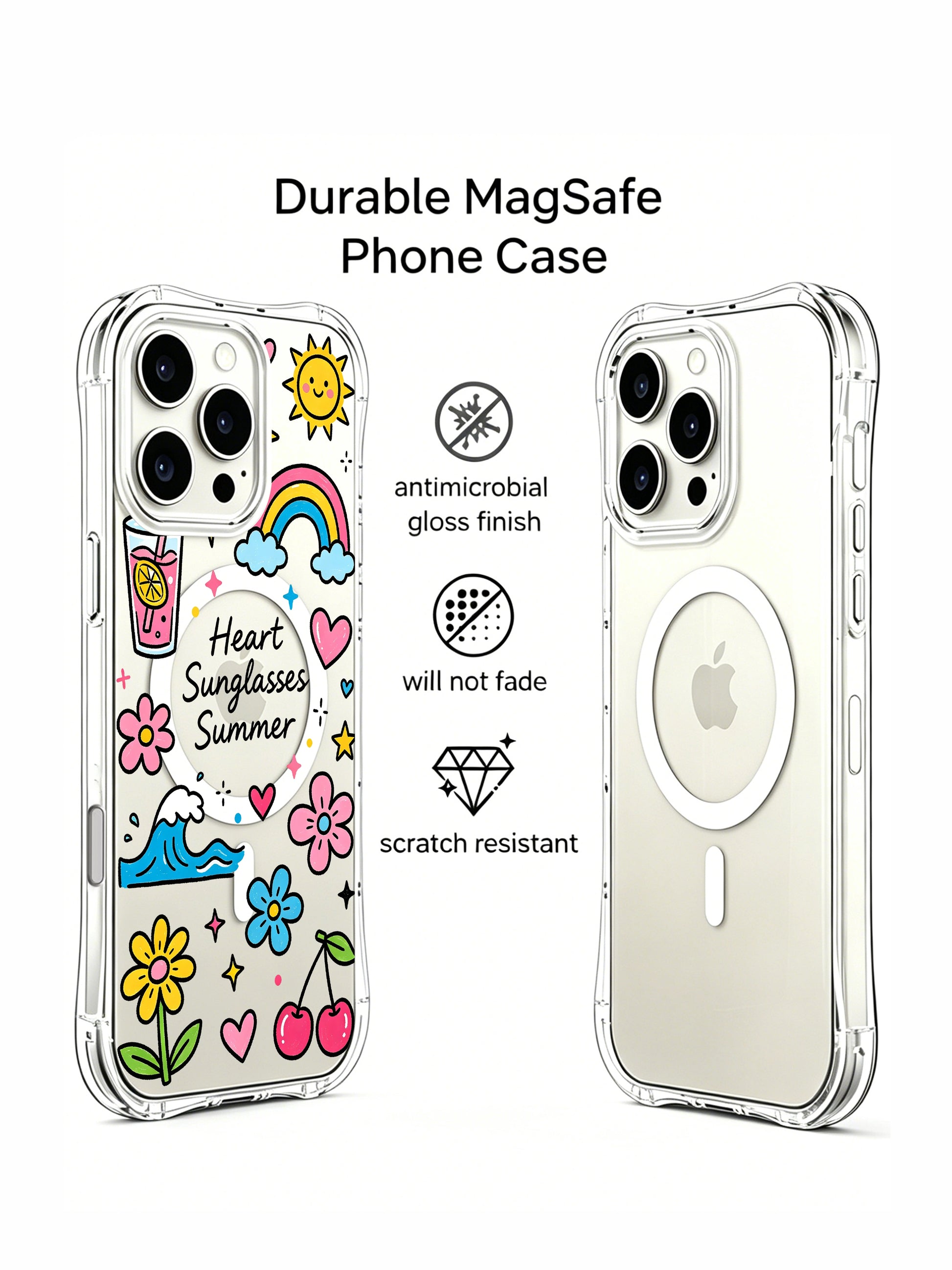 PhoneCasing iPhone 16 Pro Max Clear Case - Cute Heart Sunglasses Summer Design, Slim Fit Cover