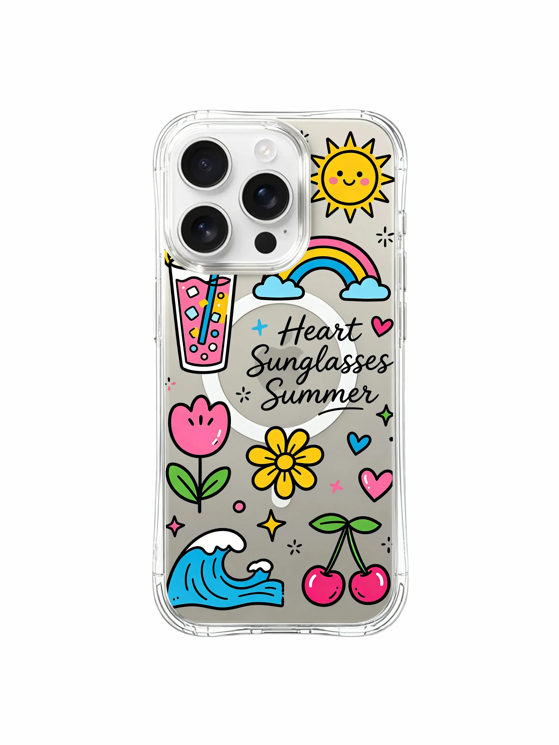 PhoneCasing iPhone 16 Pro Max Clear Case - Cute Summer Drink & Flower Design, Anti-Yellowing