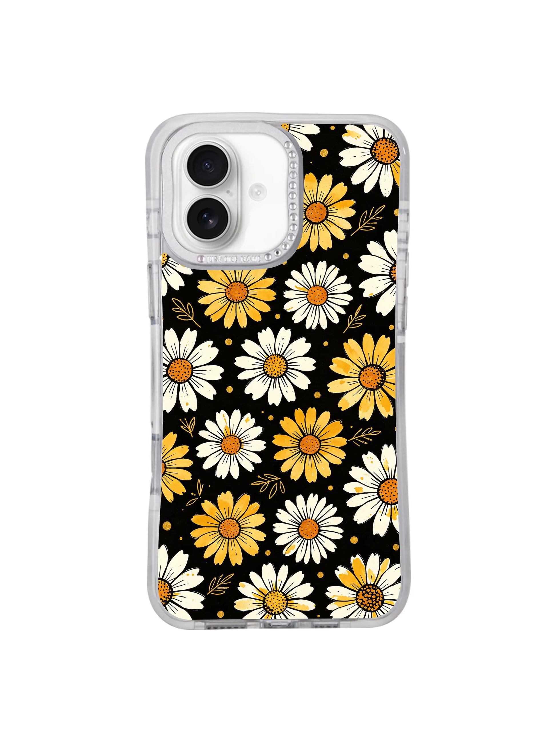 High contrast black background white golden daisy White Bloom Signal print iPhone 16 pro max casing, chic dual-tone floral aesthetic PhoneCasing protective cover for iPhone 16 pro max.
