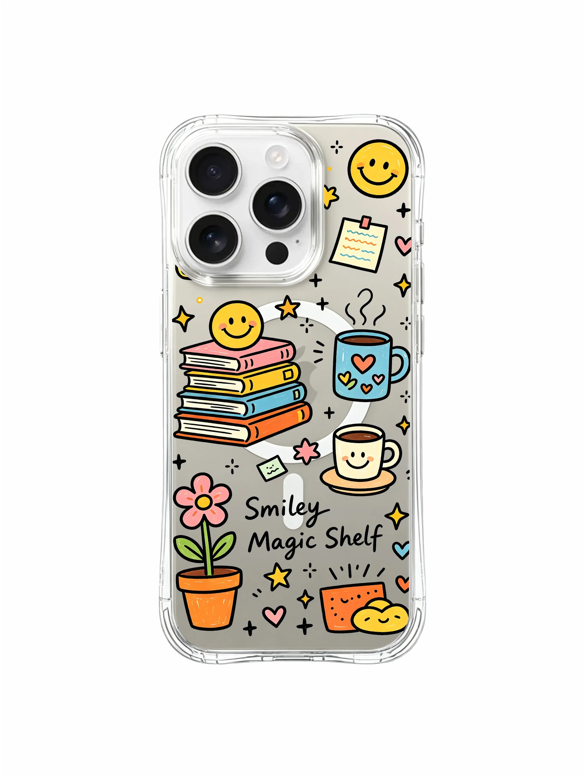 PhoneCasing iPhone 16 Pro Max high-definition anti-fade anti-scratch clear MagSafe case, full Smiley Magic Shelf cozy library doodle collage artwork