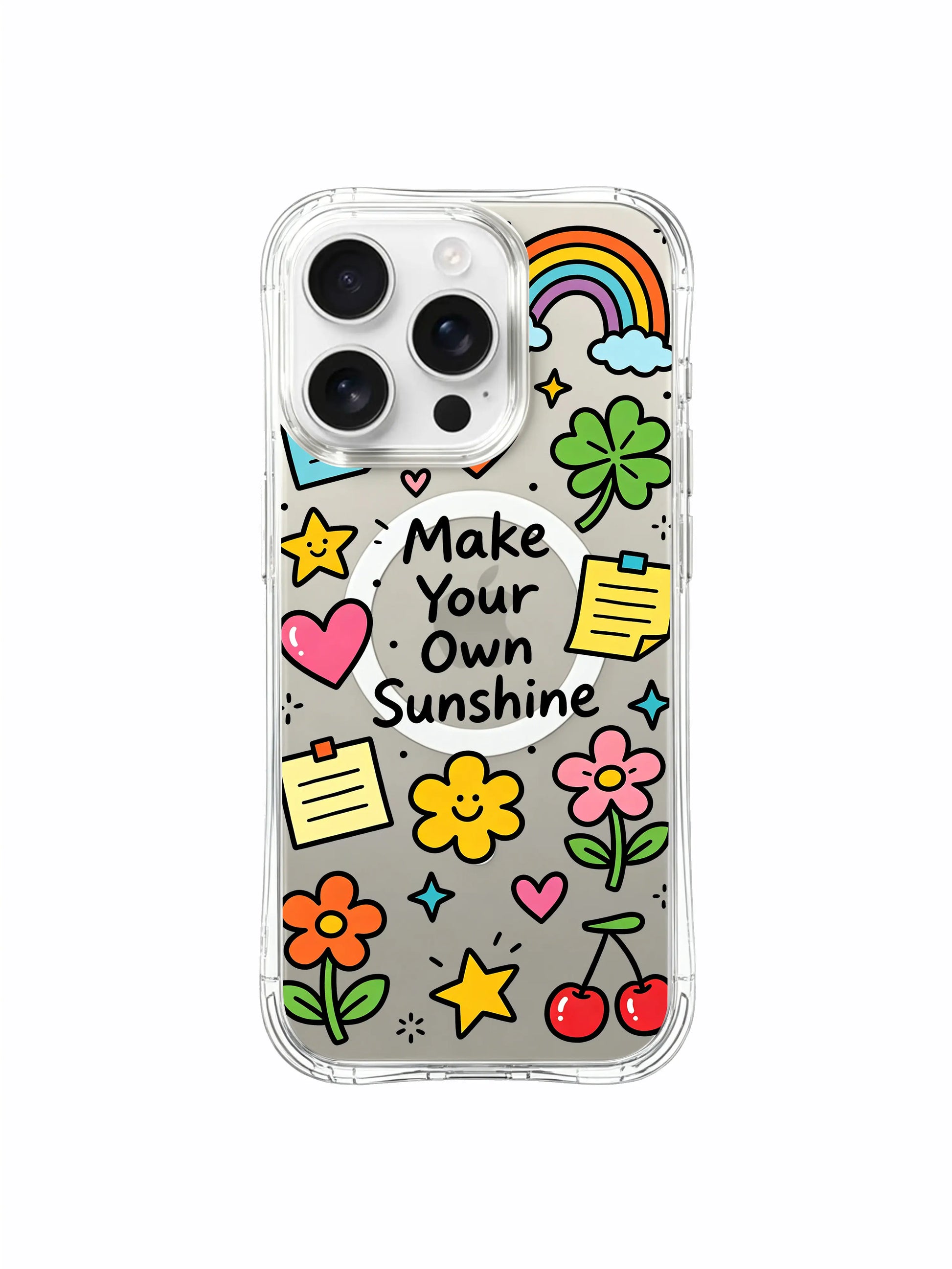 PhoneCasing iPhone 16 Pro Max high-definition anti-fade anti-scratch clear MagSafe case, full Make Your Own Sunshine uplifting lucky rainbow doodle collage artwork