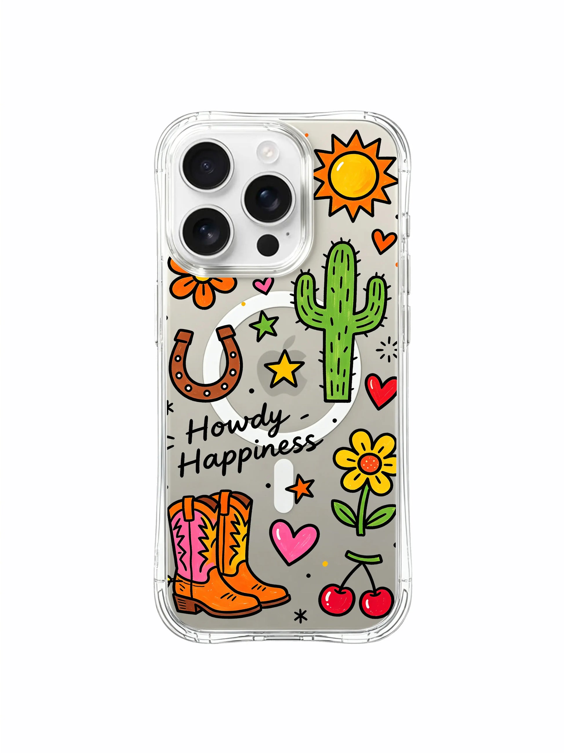 PhoneCasing iPhone 16 Pro Max high-definition anti-fade anti-scratch clear MagSafe case, full Howdy Happiness desert western doodle collage artwork