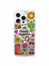PhoneCasing iPhone 16 Pro Max MagSafe clear casing featuring Howdy Happiness hand drawn western doodle print, lightweight scratch resistant transparent shockproof cover