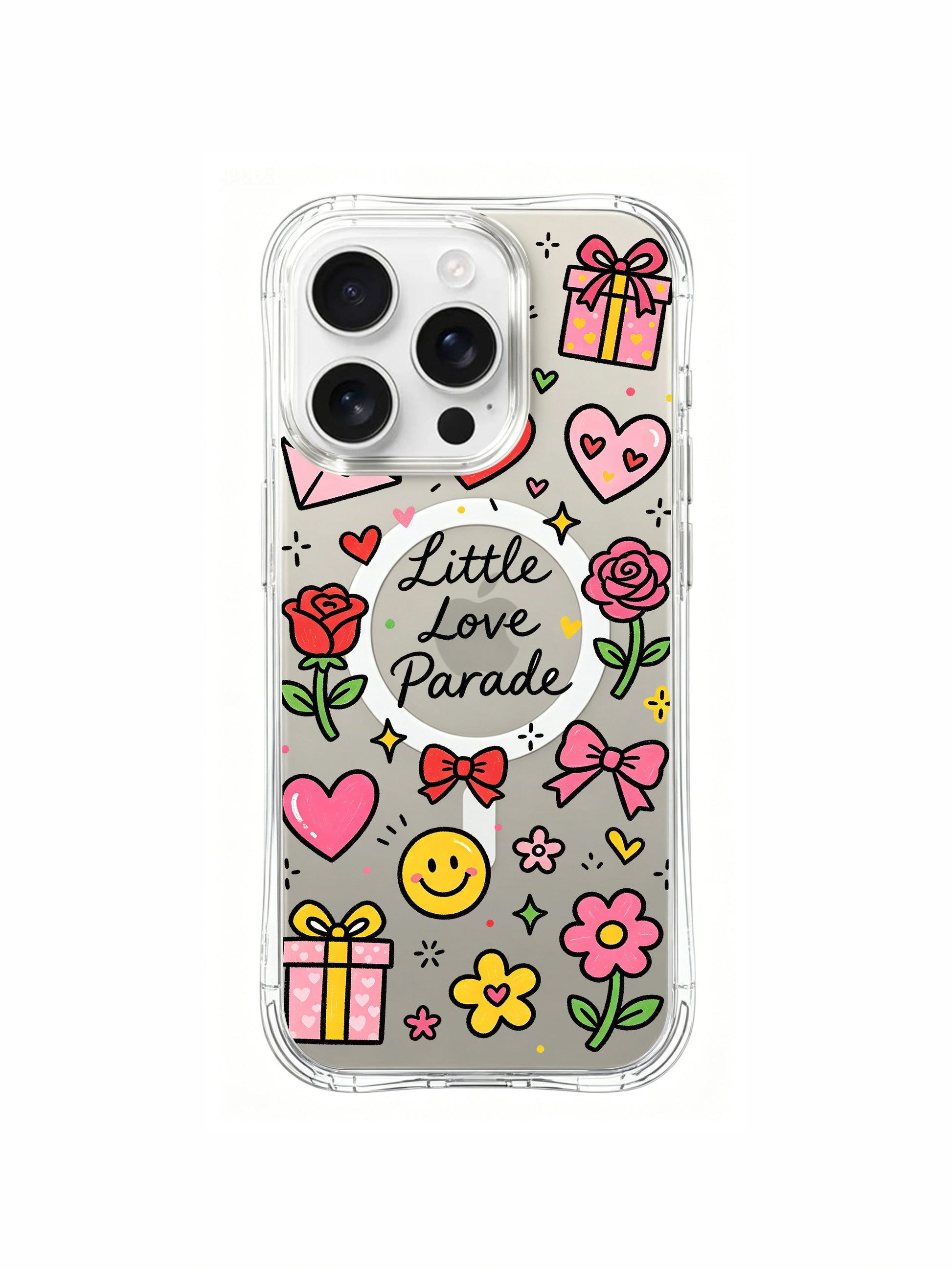 PhoneCasing iPhone 16 Pro Max MagSafe clear case featuring Little Love Parade cute heart doodle print, lightweight scratch resistant transparent protective casing