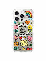 PhoneCasing iPhone 16 Pro Max trendy art clear casing for lucky aesthetic women, playful Make Your Own Sunshine four-leaf clover and daisy doodle print