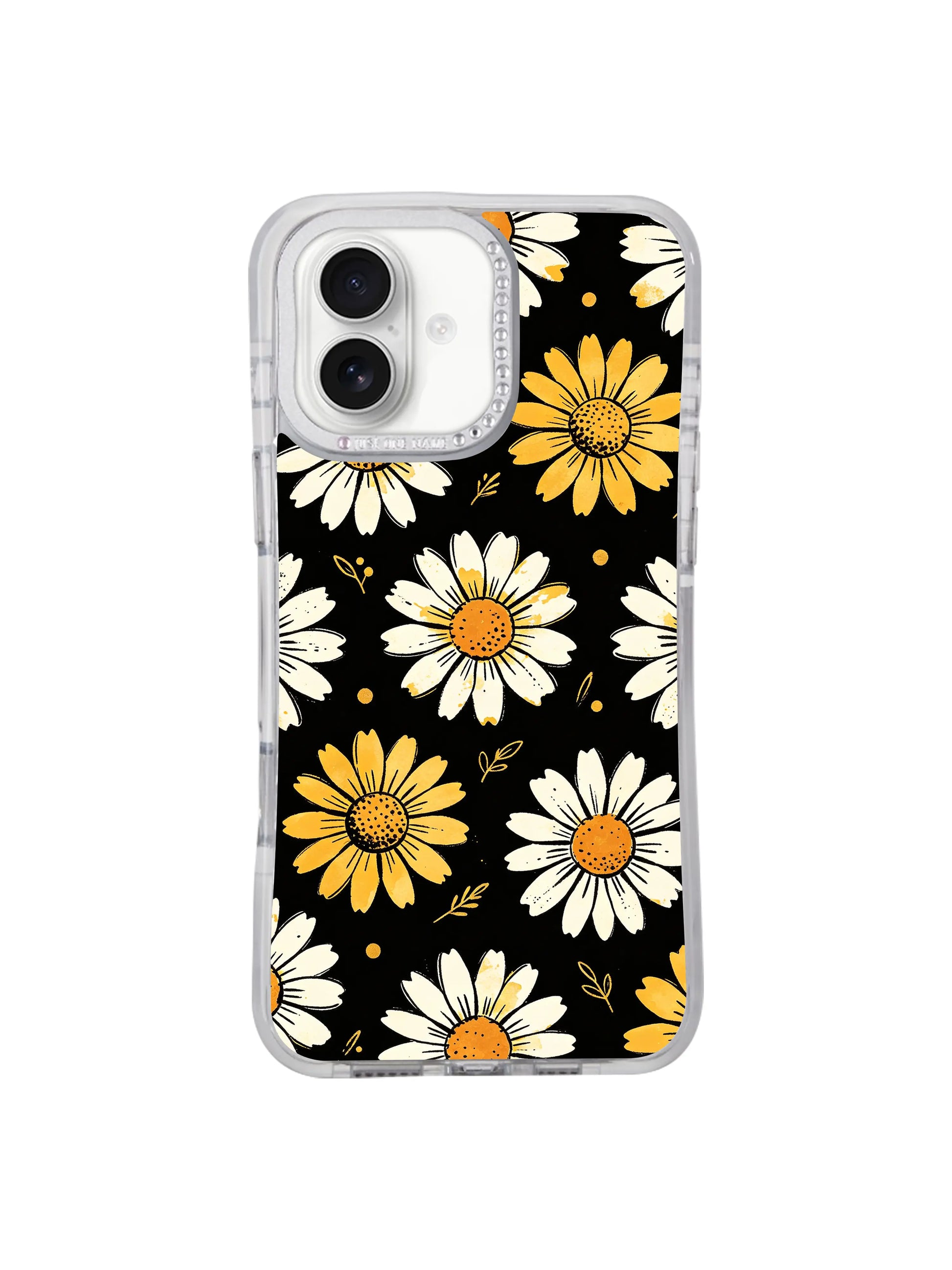 Angled 3/4 view MagSafe compatible White Bloom Signal iPhone 16 pro max casing, scratch-resistant archival ink floral print from PhoneCasing iPhone 16 pro max line.