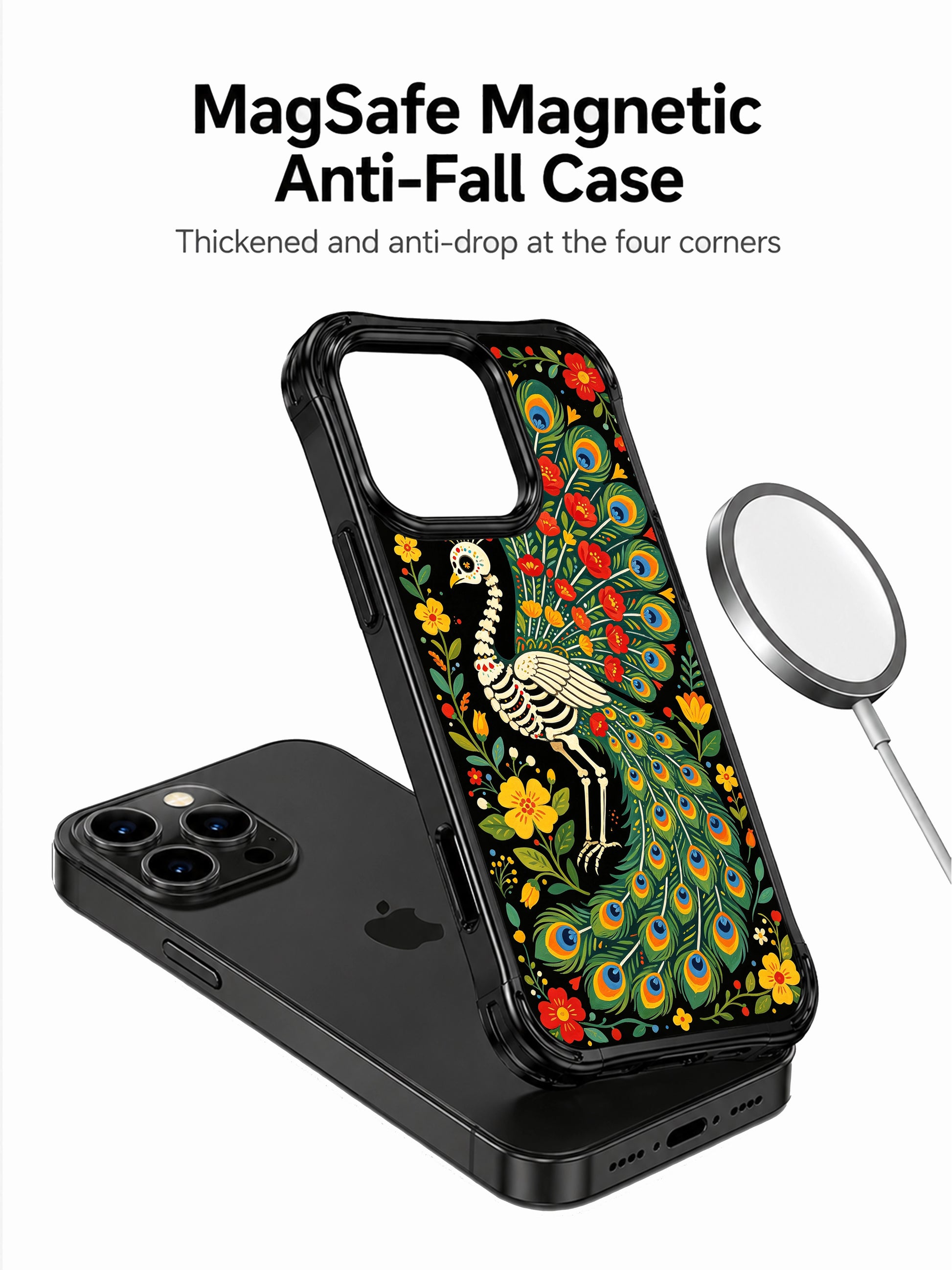 Colorful folk art skeleton peacock on this PhoneCasing iPhone 16 pro max case, surrounded by red roses and wildflowers in a vibrant style.