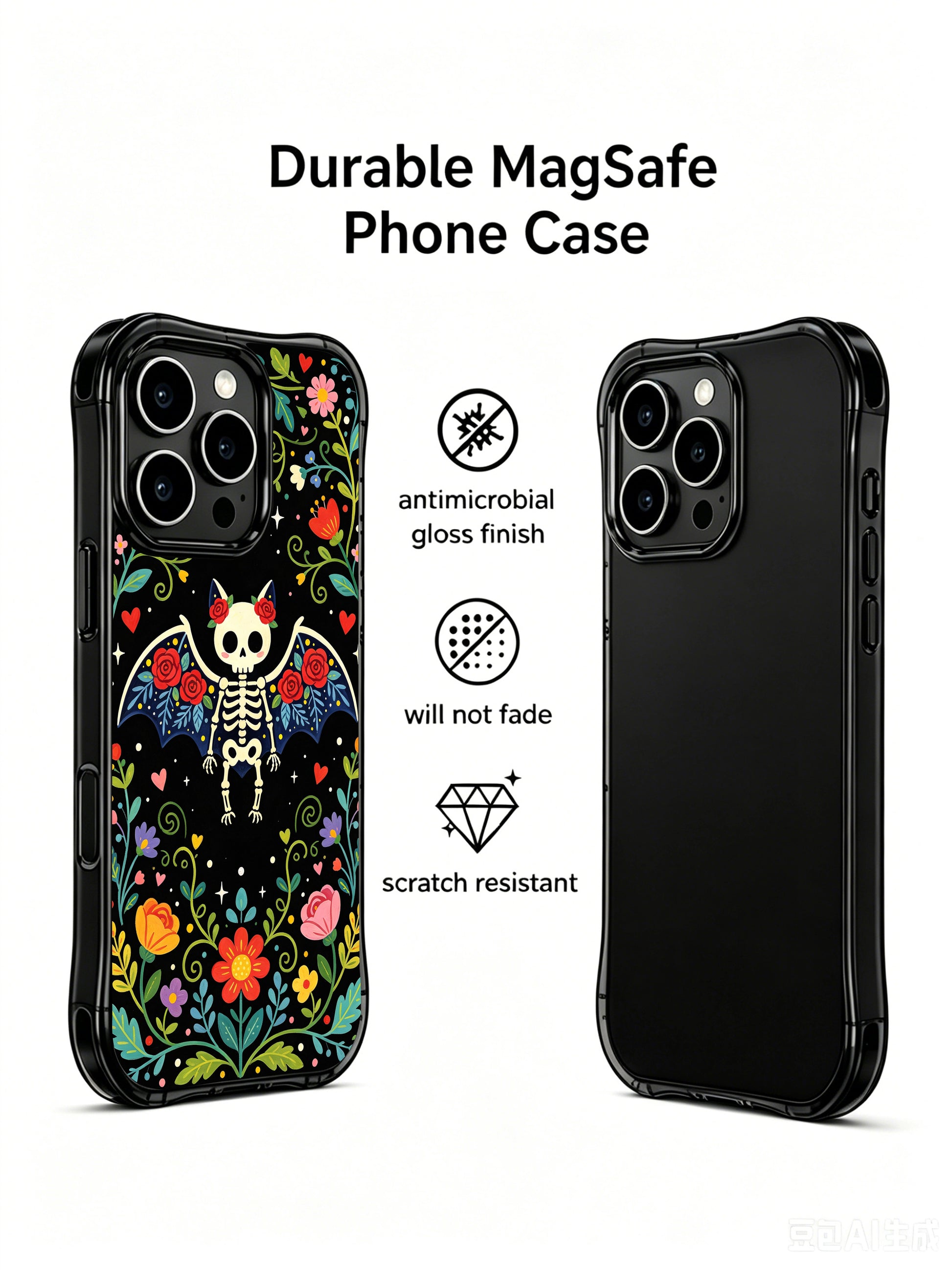 Mexican folk art skeleton bat design on PhoneCasing iPhone 16 pro max case, featuring a floral bat with red roses and blue leaves.