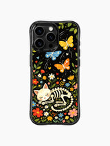 Mexican folk art skeleton cat design on PhoneCasing iPhone 16 pro max case, featuring a cat with bone butterflies and night garden flowers.