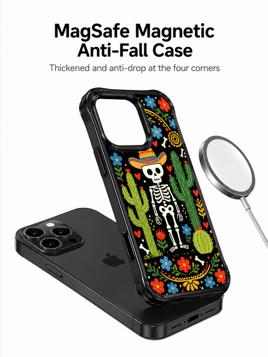 Colorful folk art skeleton in a sombrero on this PhoneCasing iPhone 16 pro max case, surrounded by cacti, red roses, and hearts.