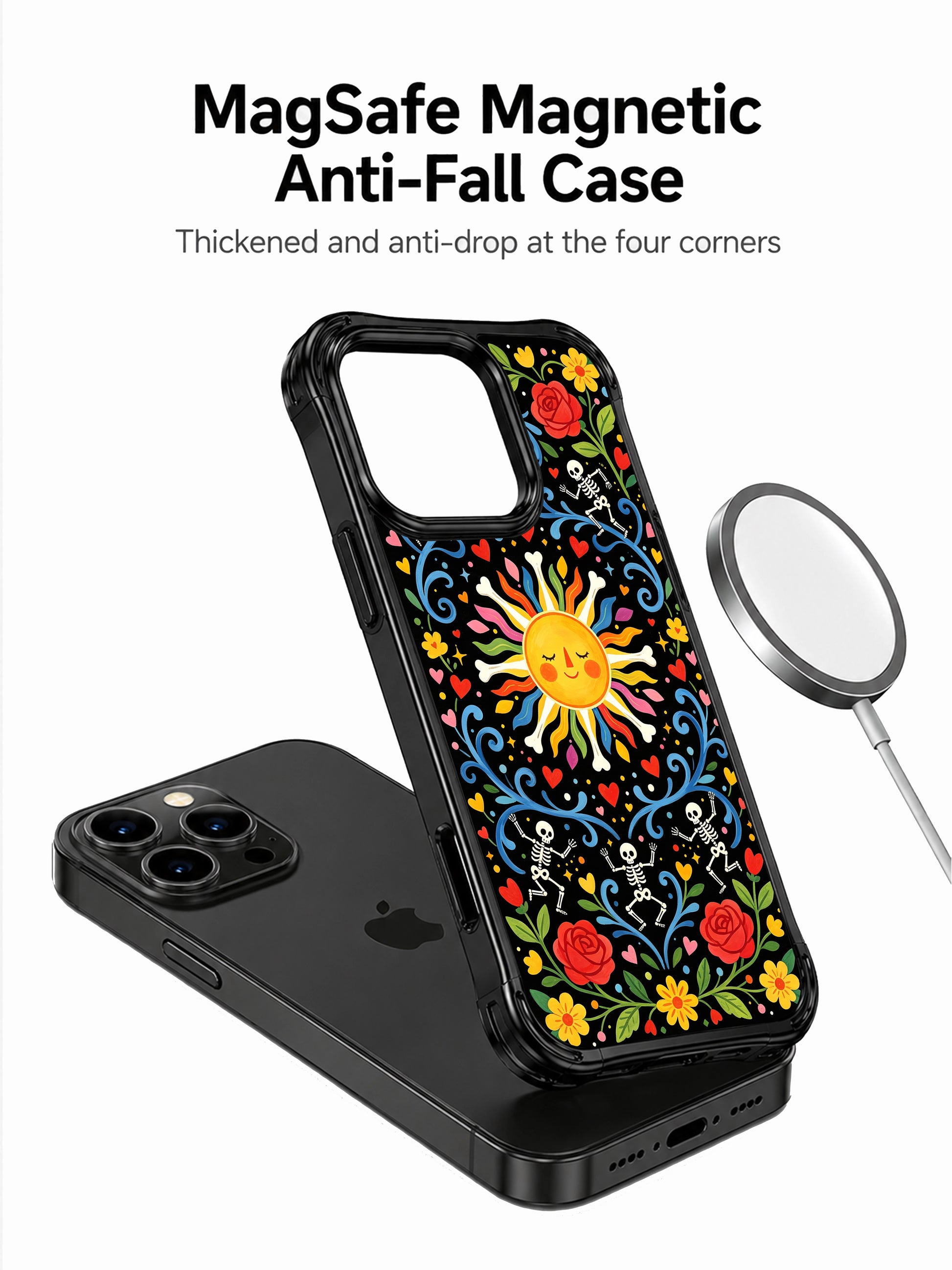 Colorful folk art sun with Day of the Dead skeletons on this PhoneCasing iPhone 16 pro max case, vibrant design with roses and blue vines.