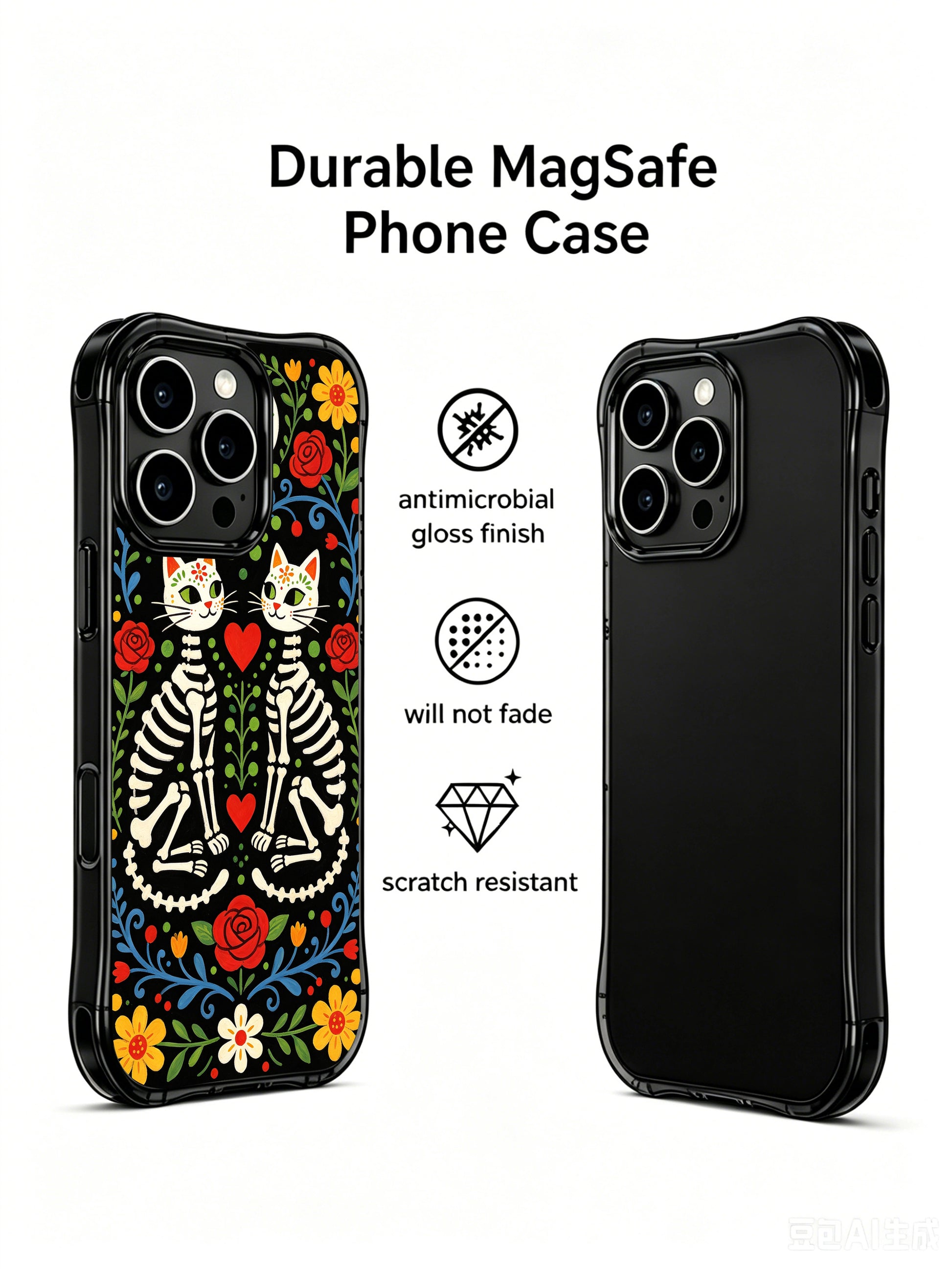 Mexican folk art twin skeleton cats design on PhoneCasing iPhone 16 pro max case, featuring sugar skull faces and vibrant floral borders.