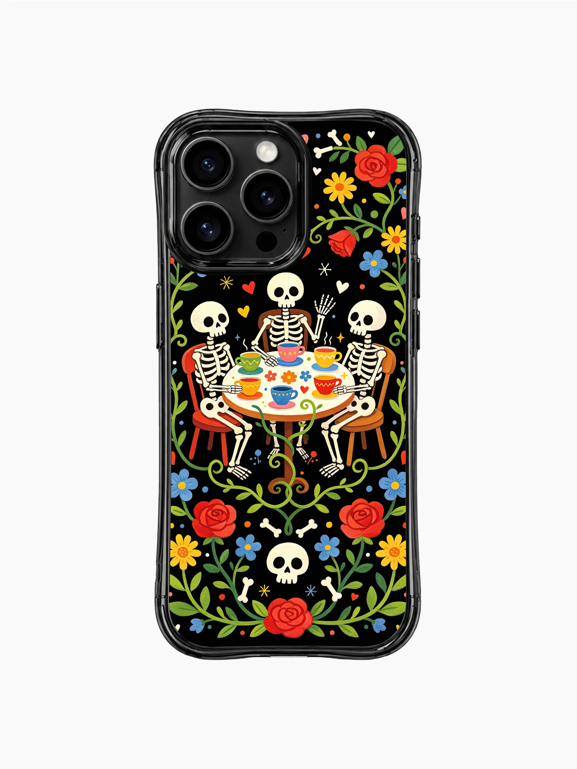 Whimsical skeleton tea party in a midnight garden on this PhoneCasing iPhone 16 pro max case, folk art style with bright colors and floral borders.