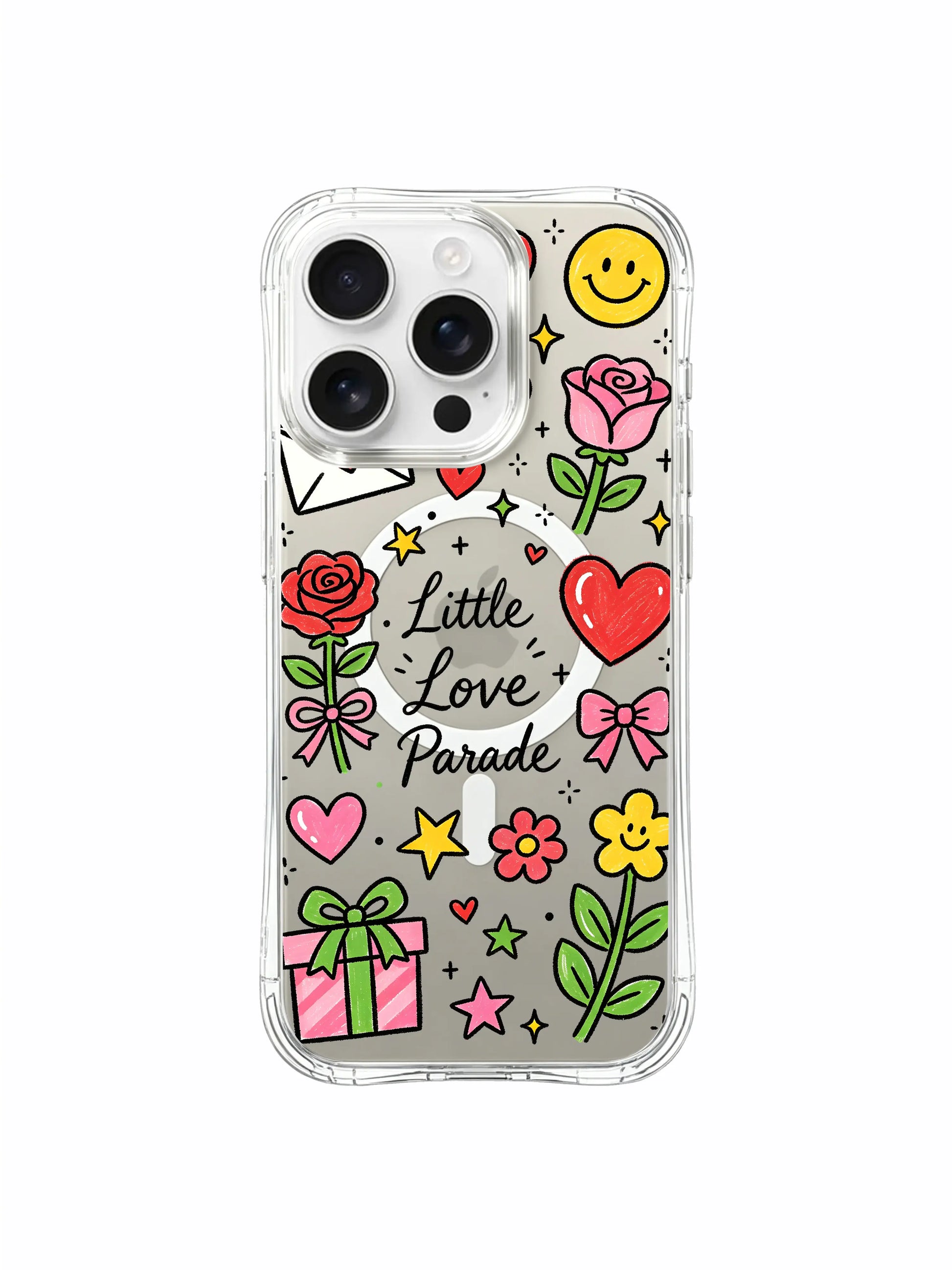 PhoneCasing iPhone 16 Pro Max minimalist cute transparent MagSafe cover, Little Love Parade scattered heart parade doodle art