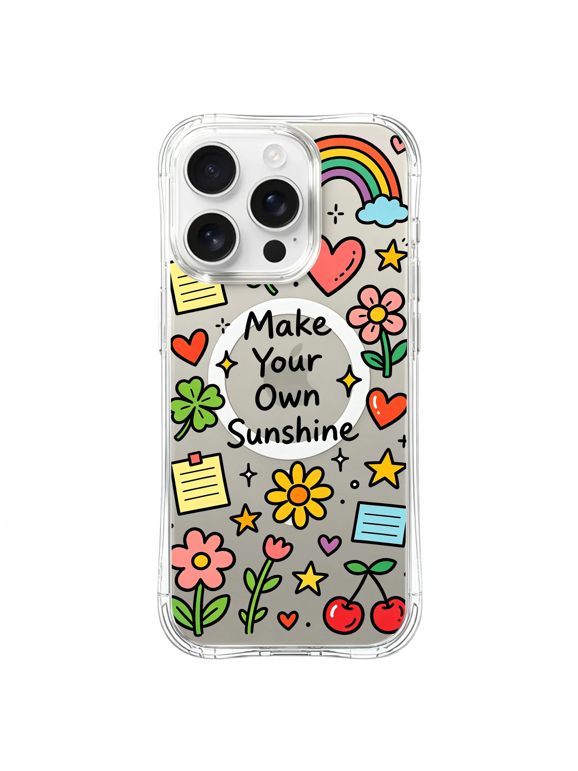 PhoneCasing iPhone 16 Pro Max minimalist soft transparent MagSafe cover, scattered Make Your Own Sunshine uplifting lucky doodle art with muted neutral grey base