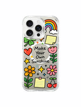 PhoneCasing iPhone 16 Pro Max minimalist soft transparent MagSafe cover, scattered Make Your Own Sunshine uplifting lucky doodle art with muted neutral grey base