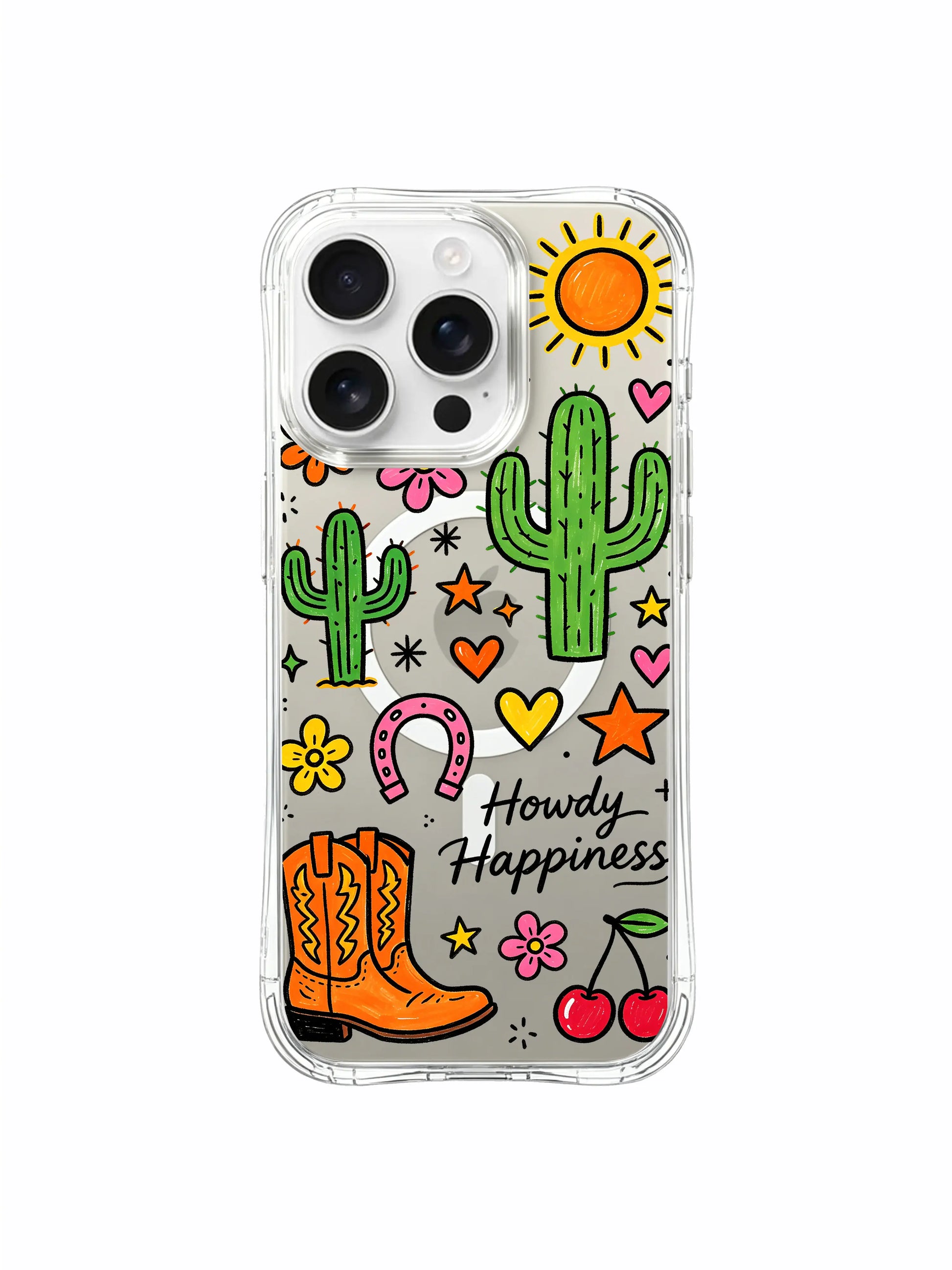 PhoneCasing iPhone 16 Pro Max minimalist cute transparent MagSafe cover, scattered Howdy Happiness desert western doodle art with soft warm color palette
