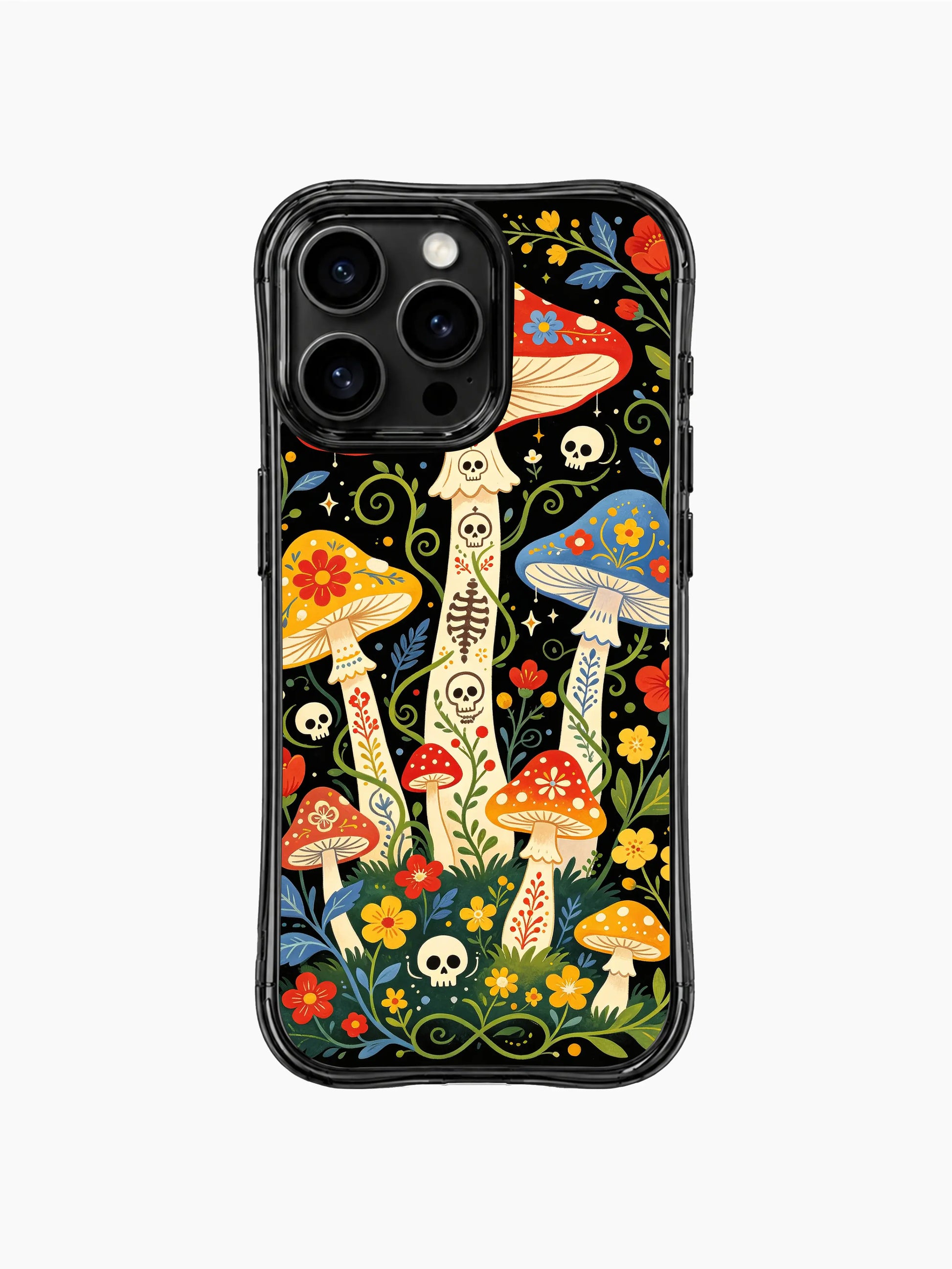 Whimsical mushroom forest celebration on PhoneCasing iPhone 16 pro max case, Day of the Dead style with folk art floral elements.