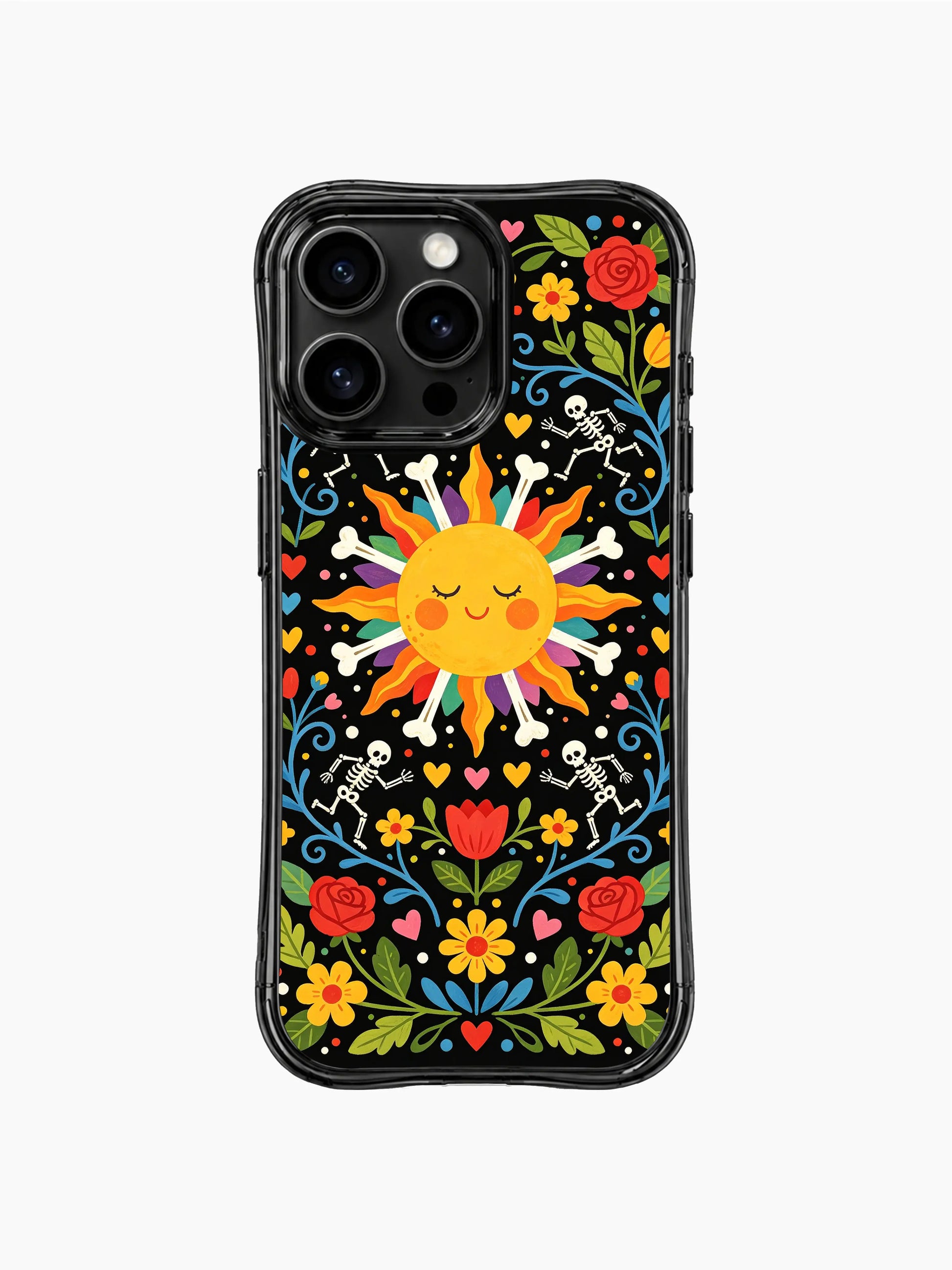 Night ceremony sun design on this PhoneCasing iPhone 16 pro max case, featuring skeletons dancing around a folk art sun with flowers.