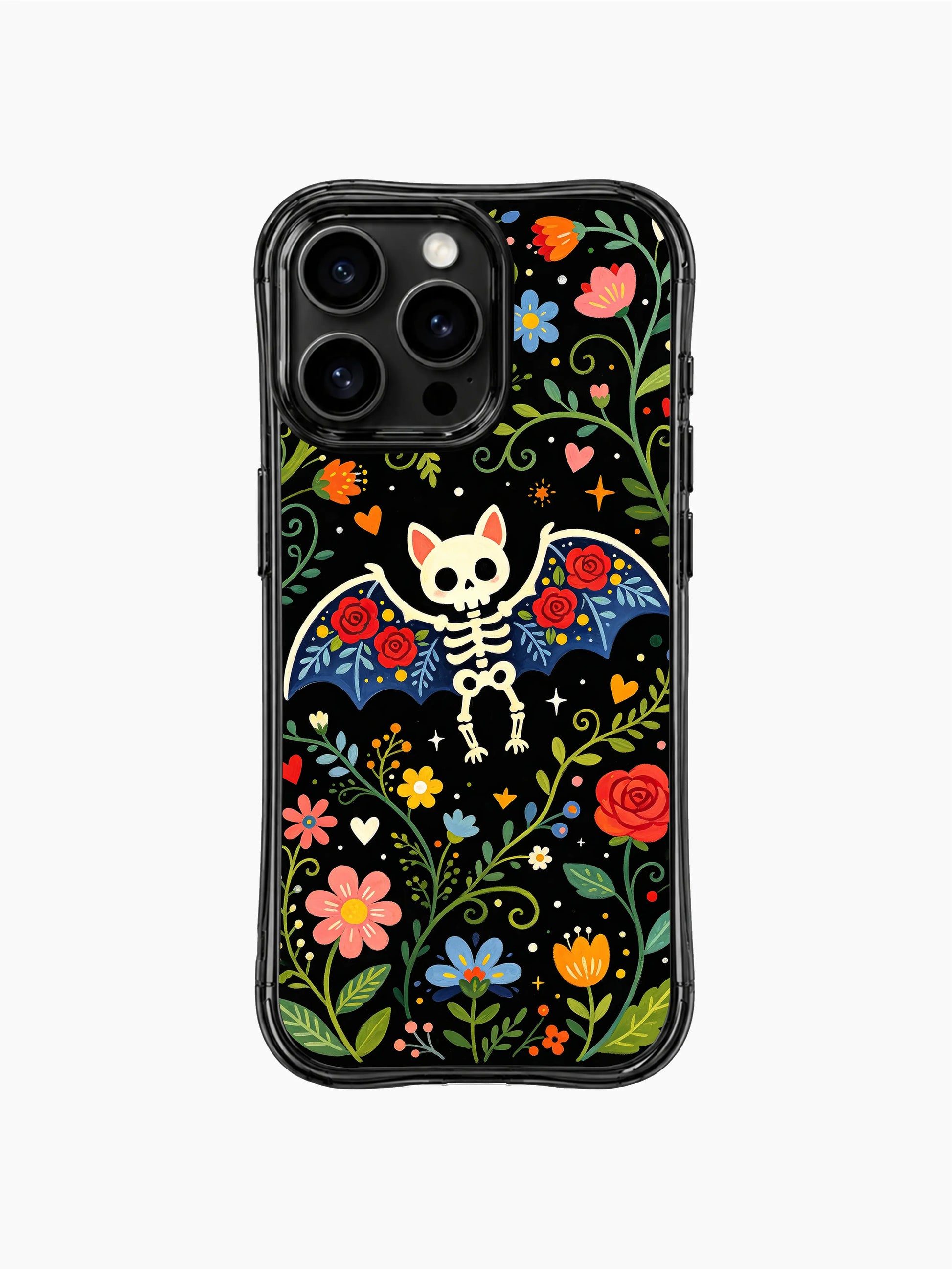 Night fairy skeleton bat on this PhoneCasing iPhone 16 pro max case, folk art design with red roses and multicolored flowers.