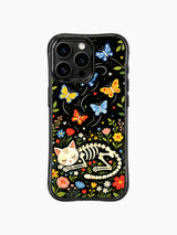 Night fairy skeleton cat on this PhoneCasing iPhone 16 pro max case, folk art design with bone butterflies and multicolored flowers.