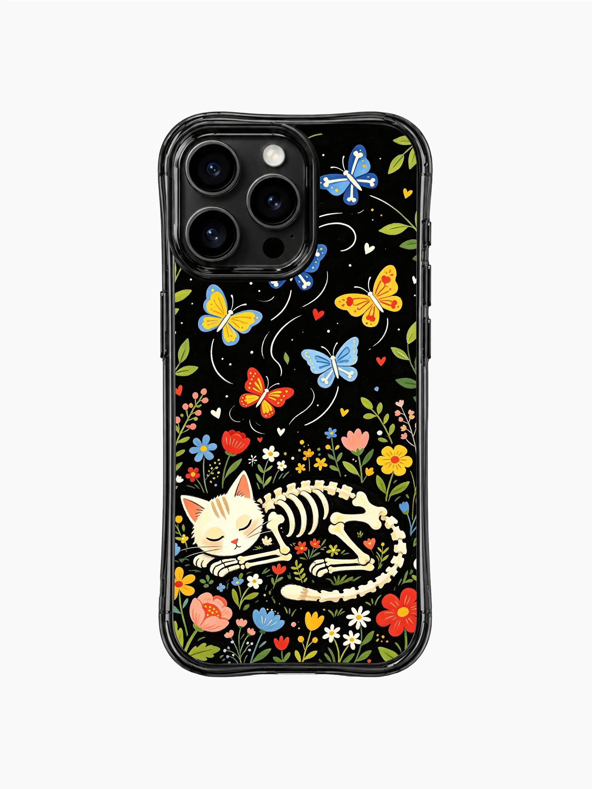 Night fairy skeleton cat on this PhoneCasing iPhone 16 pro max case, folk art design with bone butterflies and multicolored flowers.