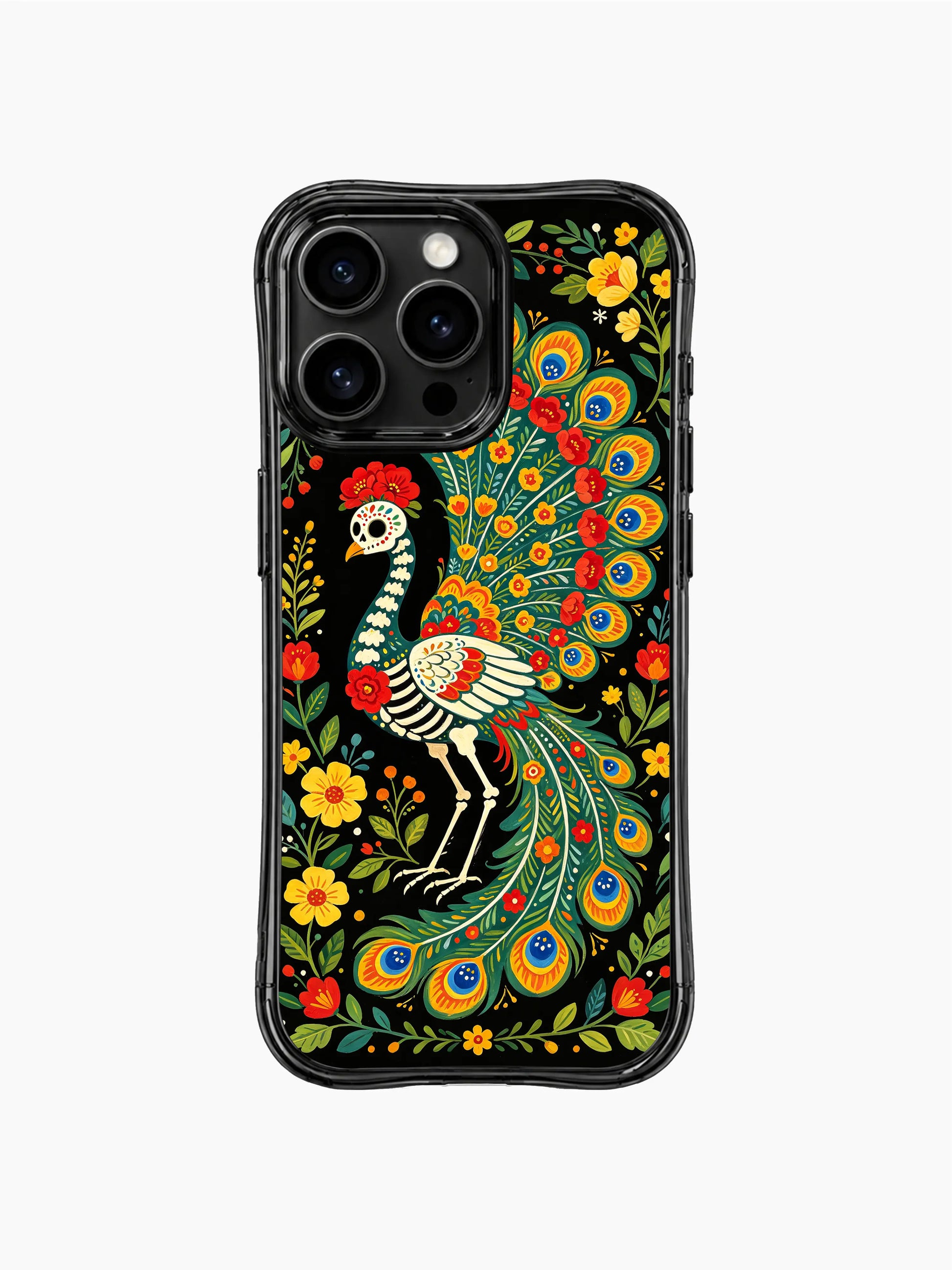 Night floral skeleton peacock design on this PhoneCasing iPhone 16 pro max case, featuring a Day of the Dead peacock with vibrant flowers.