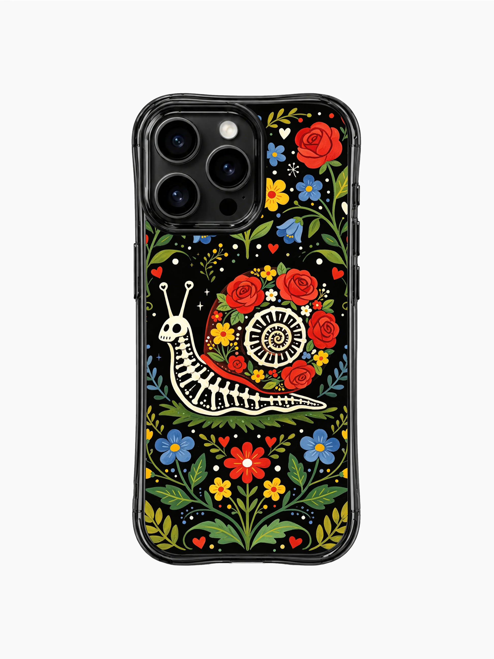 Night floral skeleton snail design on this PhoneCasing iPhone 16 pro max case, featuring a Day of the Dead snail with vibrant flowers.