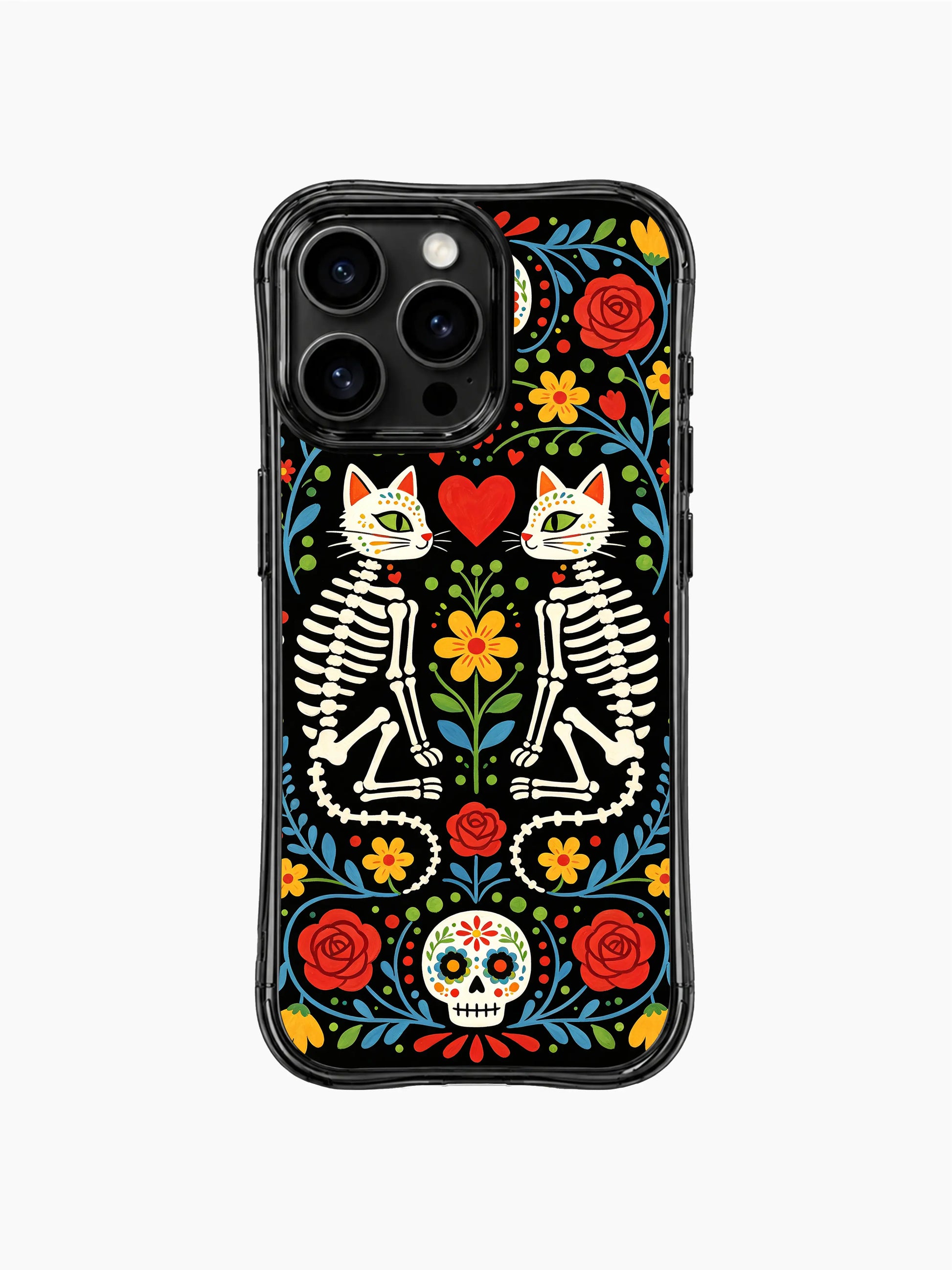 Night garden twin skeleton cats design on PhoneCasing iPhone 16 pro max case, featuring sugar skull cats with red roses and folk flowers.