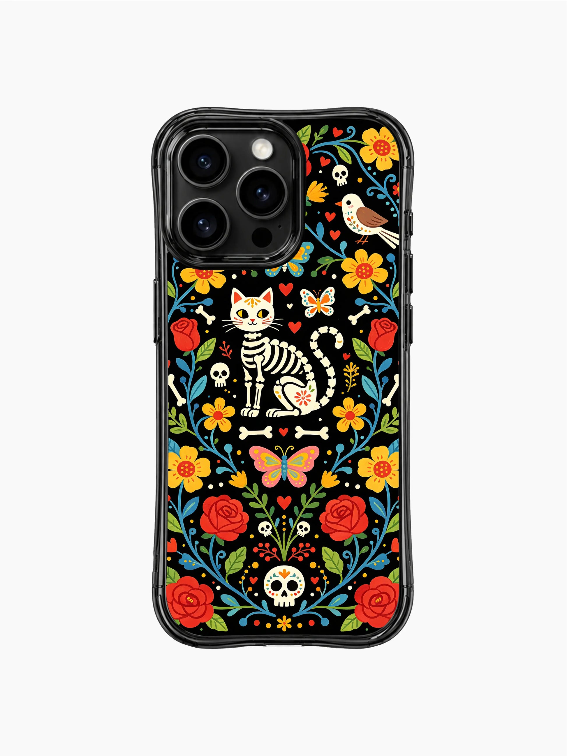 Night garden sugar skull cat design on this PhoneCasing iPhone 16 pro max case, featuring a whimsical cat with folk art flowers, birds, and butterflies.