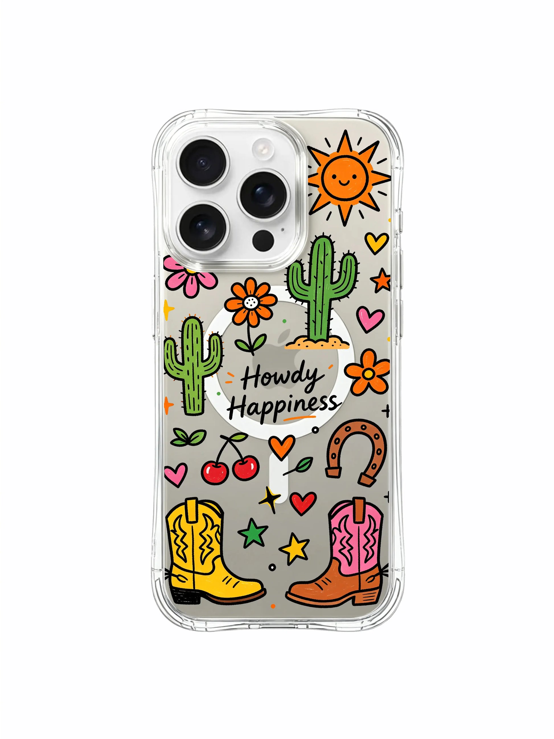 PhoneCasing iPhone 16 Pro Max shockproof slim MagSafe protective cover, Howdy Happiness western doodle art for outdoor lovers chasing bold happy freedom