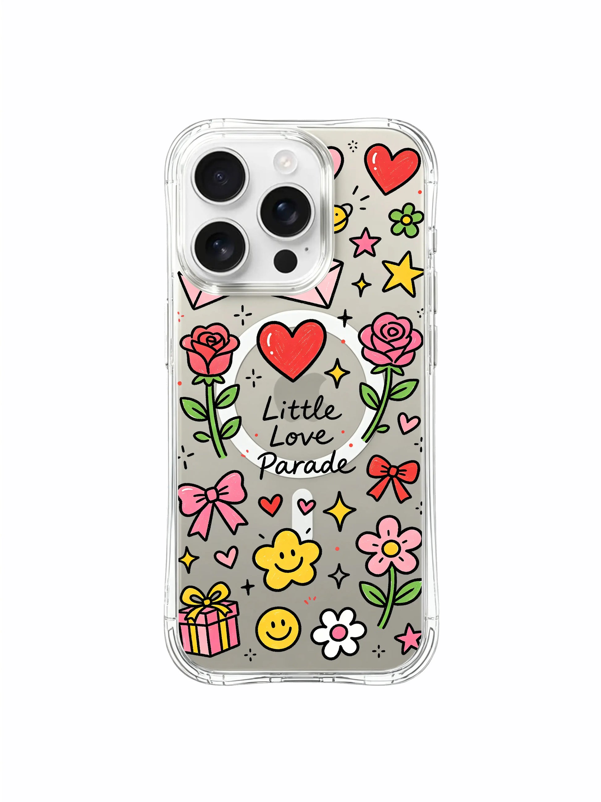 PhoneCasing iPhone 16 Pro Max flexible transparent MagSafe casing, cheerful Little Love Parade sweet heart party doodle design