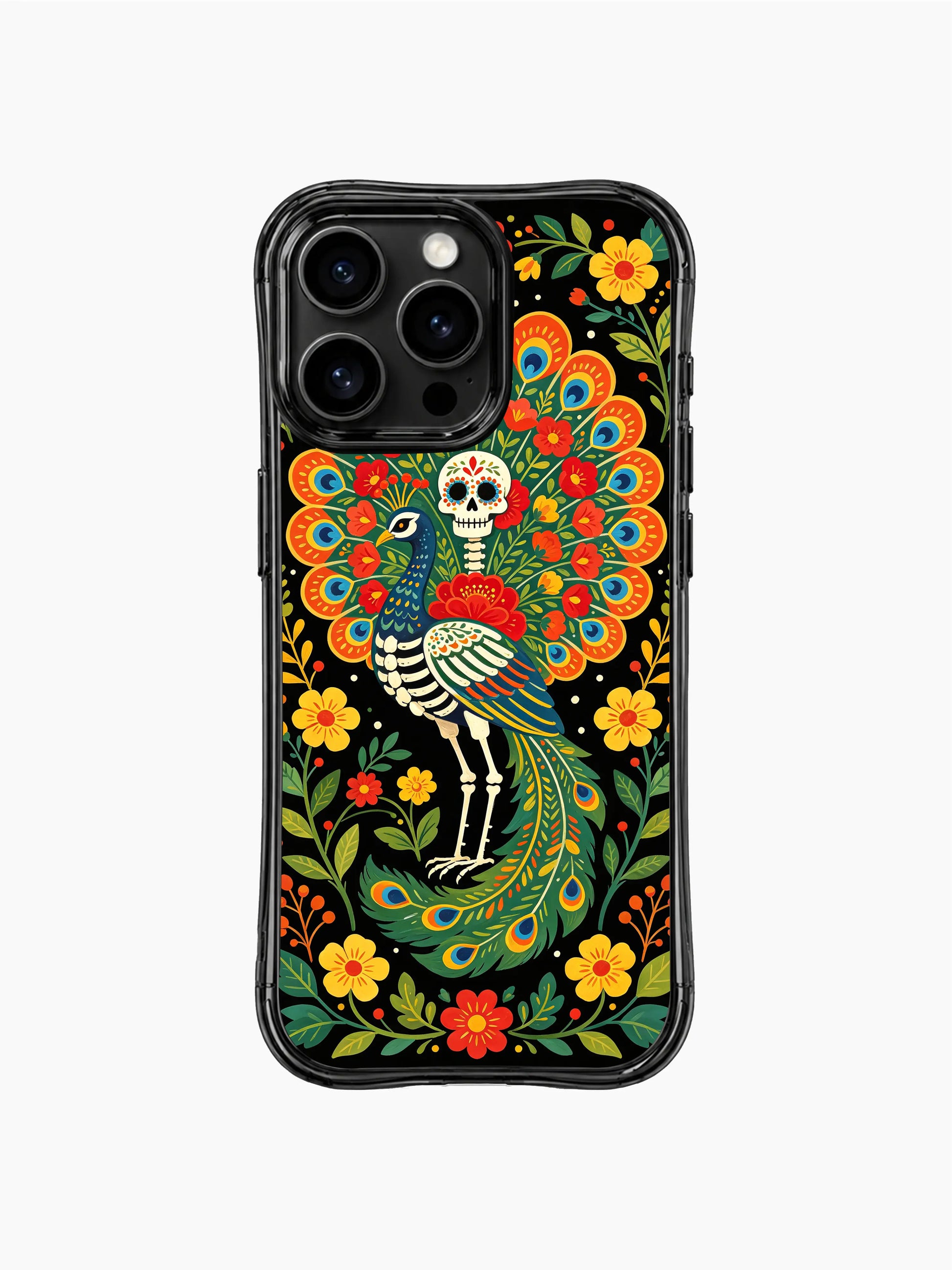 Skeleton peacock in a Day of the Dead floral garden on this PhoneCasing iPhone 16 pro max case, featuring roses and folk art details.