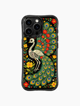 Skeleton peacock in a Day of the Dead floral garden on this PhoneCasing iPhone 16 pro max case, featuring roses and folk art details.