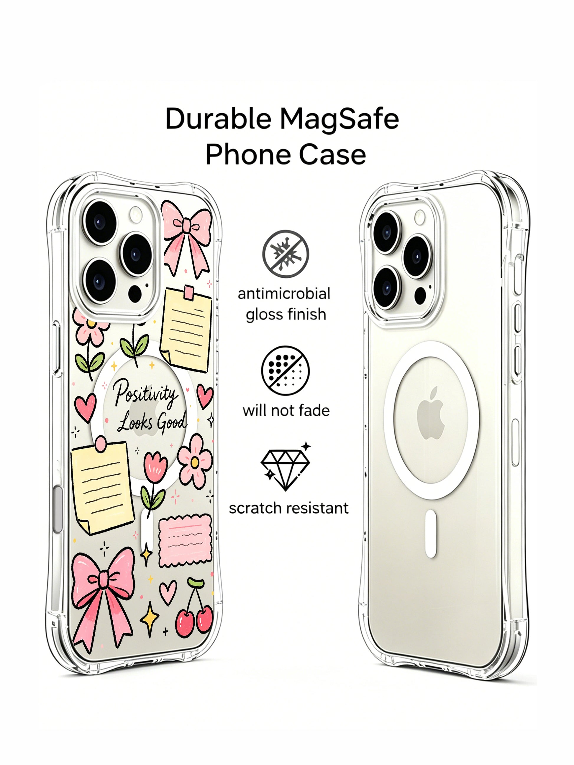 PhoneCasing iPhone 16 Pro Max Clear Case - Cute Pink Bow Positivity Design, Slim Fit Cover